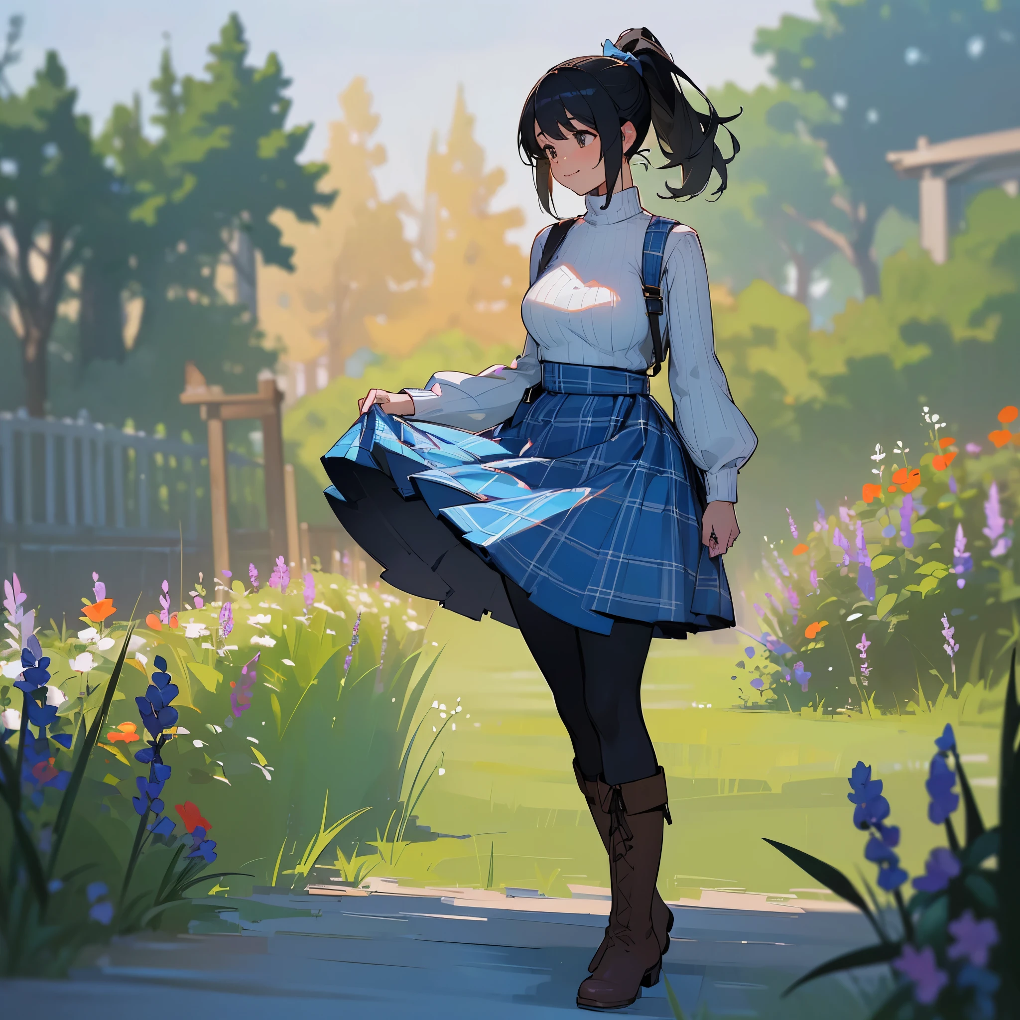 (high quality, high resolution, Super detailed, Reality:1.37), peaceful atmosphere, (outdoor, garden), Teenage girl standing alone, (My breasts are big.), Beautiful detailed features, cute smile, (black hair ponytail), ribbed sweater, blue plaid skirt, Black tights, brown boots.