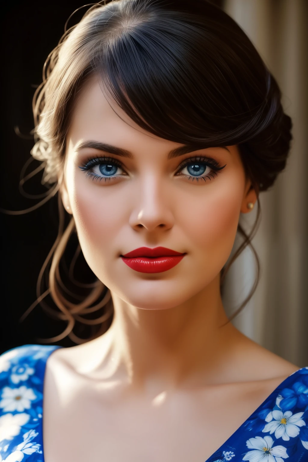 the lady has blue eyes and a floral pattern dress, in the style of martin kippenberger, 20 megapixels, willard metcalf, vibrant cartography, associated press photo, ekaterina panikanova, distinctive noses,fotografia de uma bonita, Use uma camisola de outono, cabelos moreno longos de um lado, olhos azuis, pele clara, red lips, busto pesado 36DD, Look to the camera, Symmetrical eyes, Symmetrical face, fotorrealista, fotografia, Layout do caminho, specular lighting, volumetric face light, caminho do cabelo, visible shadows, complexo, elaborar
