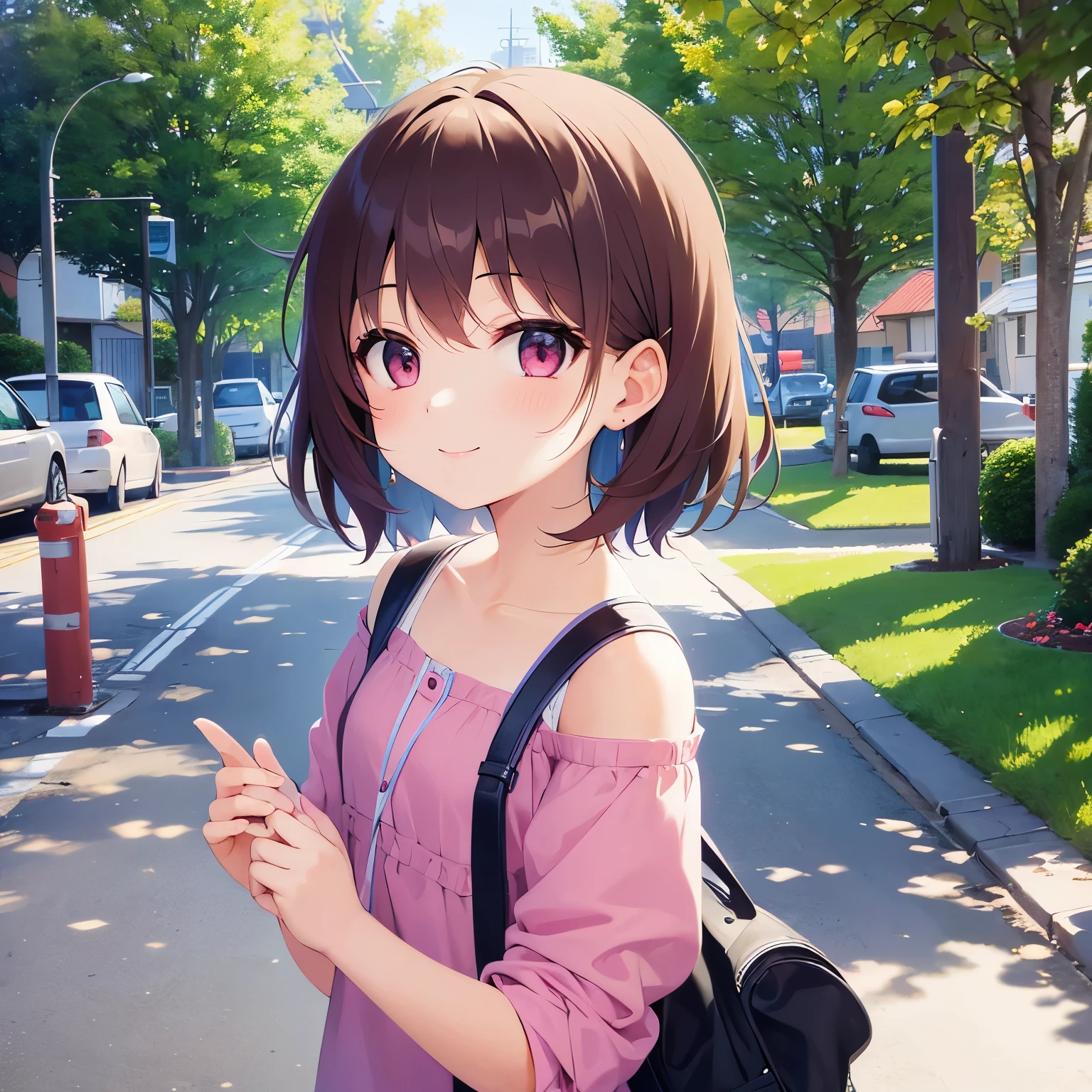 side angle, masterpiece、high quality、Short hair with bright chestnut bangs、5-year-old girl、, medium hair, pink eyes, (Alone:1.5)、Wearing a pink T-shirt、hands up、The upper body of the subject is shown、(Smiling expression:1.1)、bold composition、The background is a park