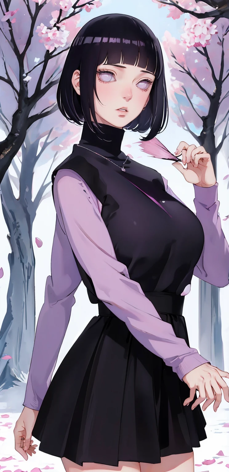 { - ??????? error} (Masterpiece - Ultra-detailed, very high resolution) (huge titusty, masterpiece, absurdres, hinata\(boruto\), 1girl, solo,mature female, lilac turtleneck blouse, high waist black long skirt, looking at viewelling petals), perfect composition, detailed lips, big breast, beautiful face, body propotion, blush, (pink lips), short hair, (black hair), purple eyes, soft gaze, super realistic, detailed, photoshoot, realistic face and body, closed mouth, walking on the floor , lilac eyes, full body,  ridden hands, perfect fingers