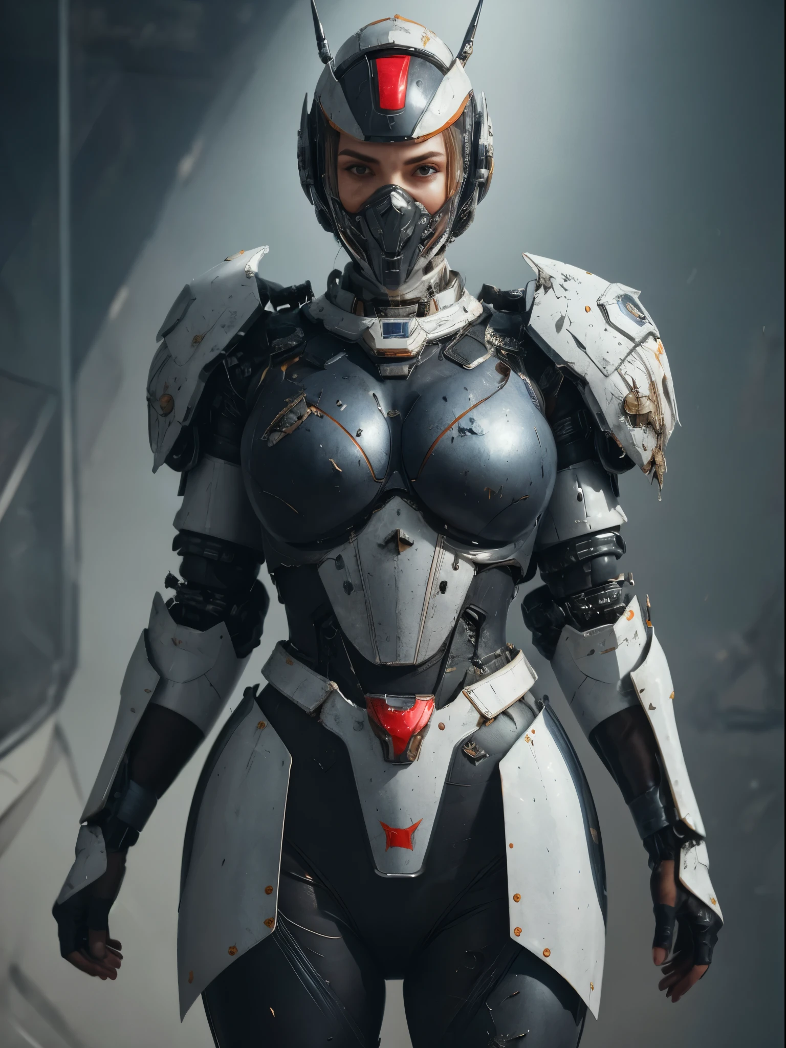 (masterpiece, best quality, absurdres, 8k)Hyper realistic painting of a beautiful curvy 23 year old woman in a black and white intricate heavy sci-fi armored EVA mecha plugsuit with a futuristic space fighter pilot mask with translucent visor, military style armor vest, hyper detailed, trending on artstation, scratched armor, dented armor, damaged armor, dirty armor,