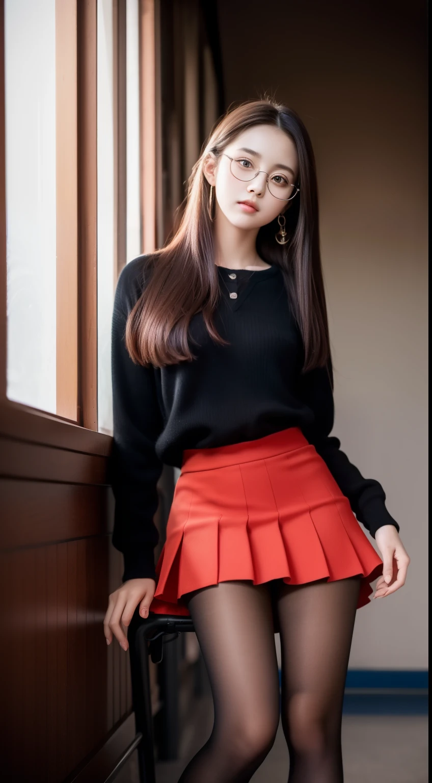 Beautiful young Margaret Qualley, , light skin tone, Glasses, big ankle earrings, Small skirt, Dark high waist pantyhose, high balance, Midnight Moon, dark night, totally dark, hyper-realistic, Model body , small breasts, beautiful , long hair, straight hair, Red hair tips, long legs, 8k, ultra high resolution, best quality, playground, korean school, Portrait RAW, Cherry blossoms, ambientlighting, Detailed shadows, The camera is focused on the thigh, sexy pose, Sitting on the school chair, Spread the flashlight legs apart