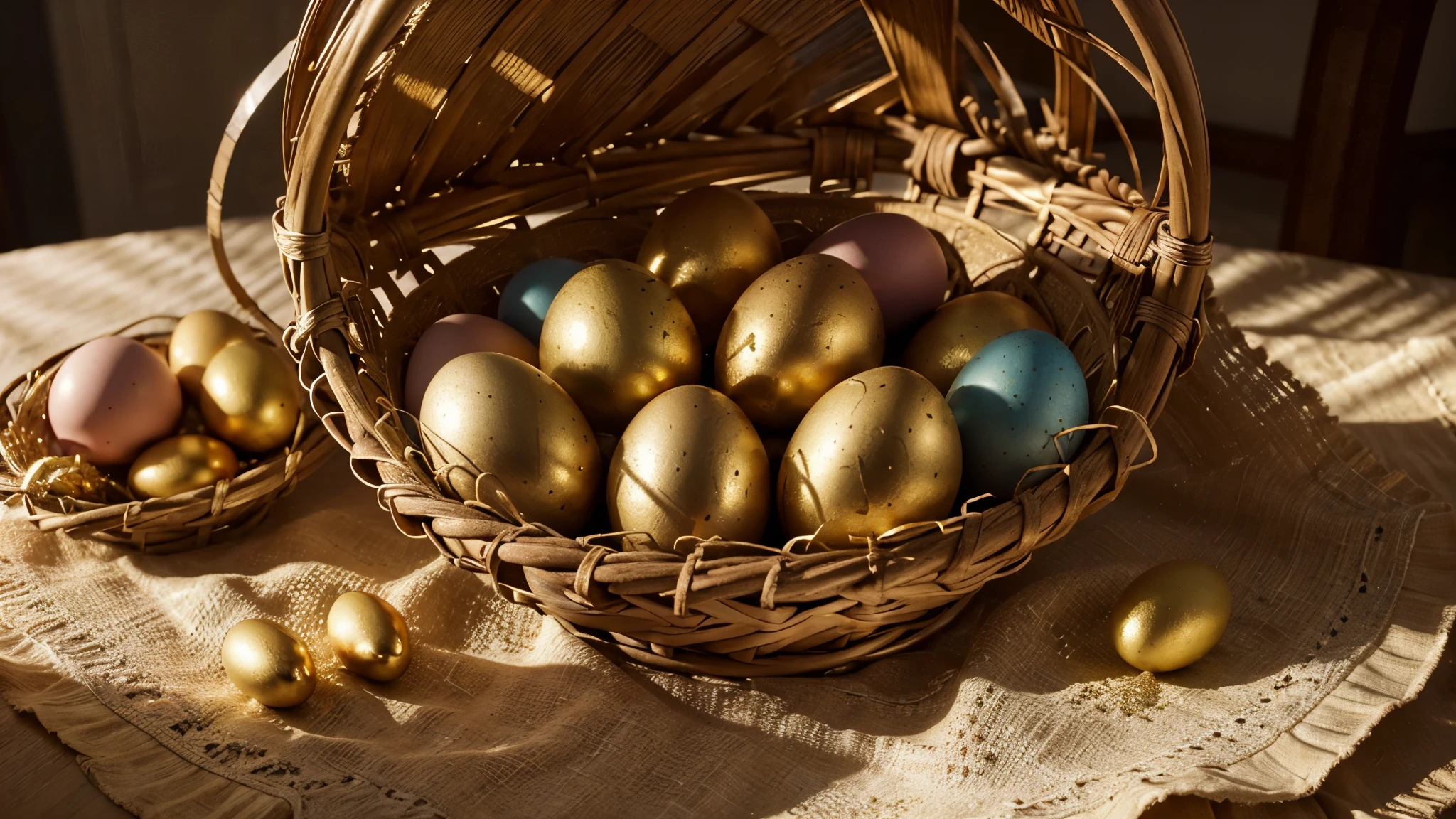 Best quality, ultra high resolution, official wallpaper, (realistic :1. 4), award winning photo of easter eggs in basket, intricate details, cinematic lighting, golden ratio, perfect composition, elegant, no crop, extremely detailed, 4k, sharp focus, masterpiece, HDR, by aftemov