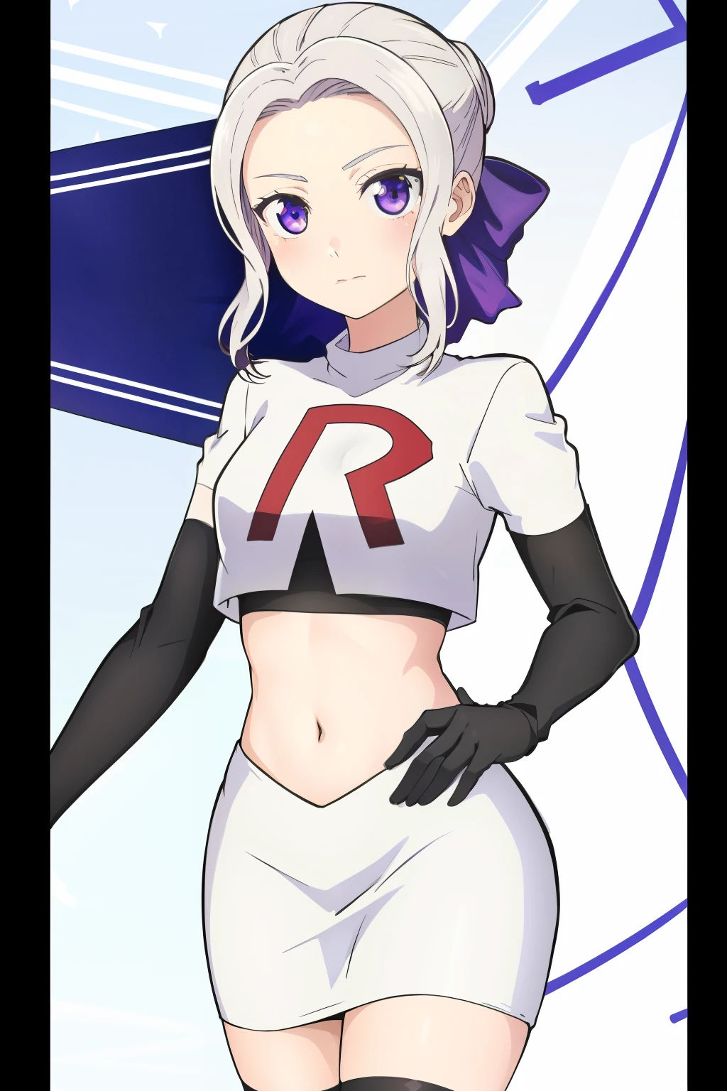 ((best quality)),((highly detailed)),masterpiece,absurdres,detailed face,beautiful face,(detailed eyes, deep eyes),(1girl),((dynamic pose)), shino, 1girl, solo, purple eyes, looking at viewer, fairy background, ribbon, hair ribbon, purple ribbon, white hair, team rocket,team rocket uniform,white skirt,red letter R,crop top,black thigh-highs,black elbow gloves