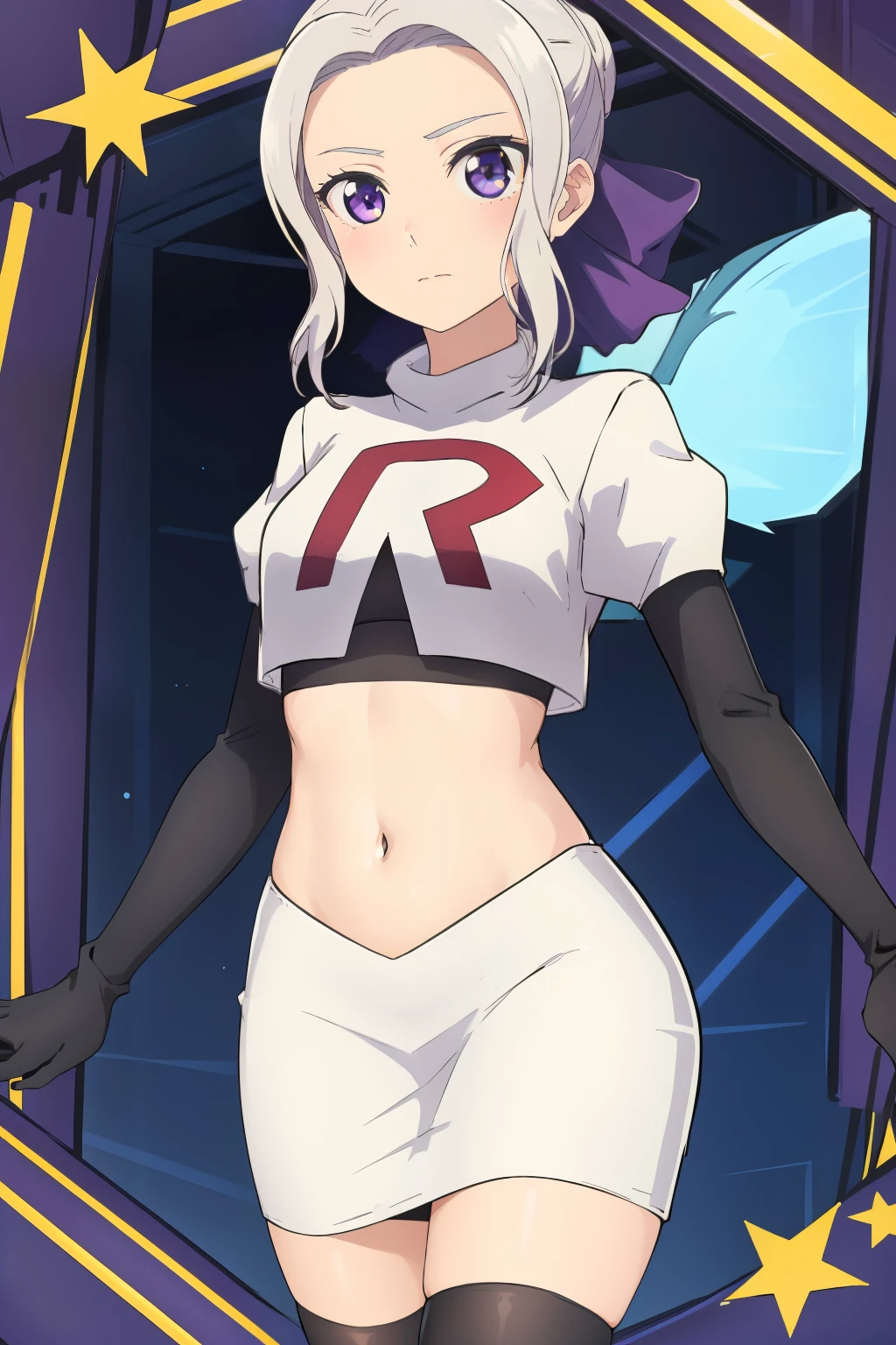 ((best quality)),((highly detailed)),masterpiece,absurdres,detailed face,beautiful face,(detailed eyes, deep eyes),(1girl),((dynamic pose)), shino, 1girl, solo, purple eyes, looking at viewer, fairy background, ribbon, hair ribbon, purple ribbon, white hair, team rocket,team rocket uniform,white skirt,red letter R,crop top,black thigh-highs,black elbow gloves