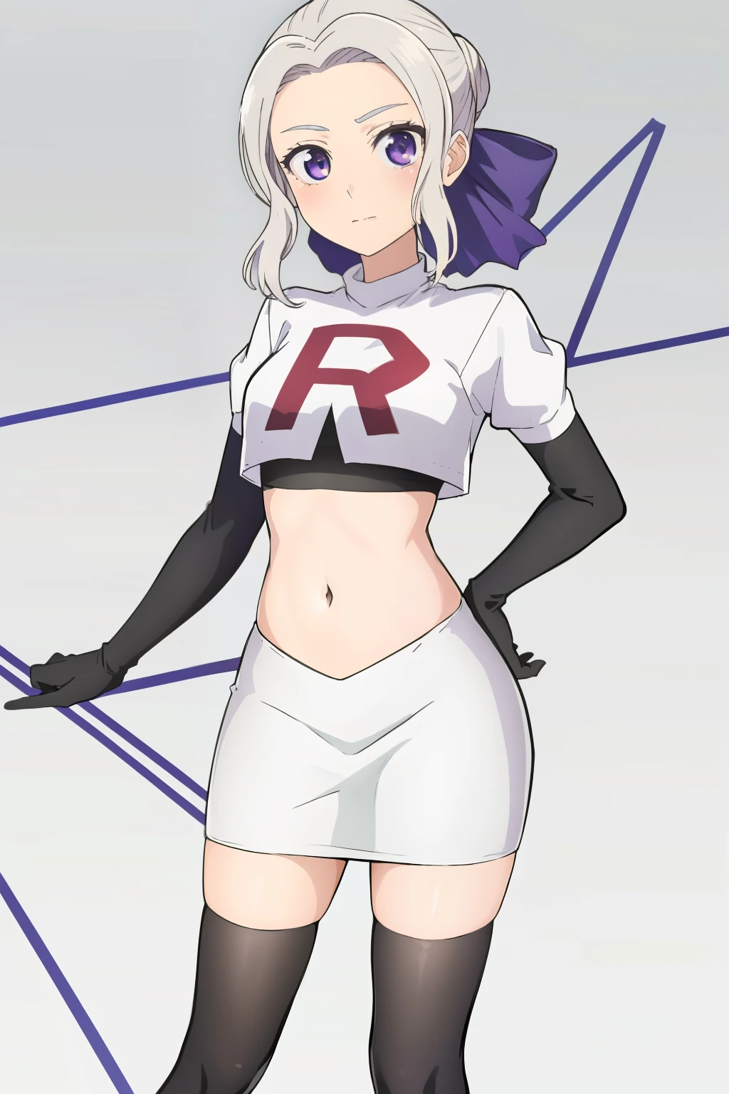 ((best quality)),((highly detailed)),masterpiece,absurdres,detailed face,beautiful face,(detailed eyes, deep eyes),(1girl),((dynamic pose)), shino, 1girl, solo, purple eyes, looking at viewer, fairy background, ribbon, hair ribbon, purple ribbon, white hair, team rocket,team rocket uniform,white skirt,red letter R,crop top,black thigh-highs,black elbow gloves