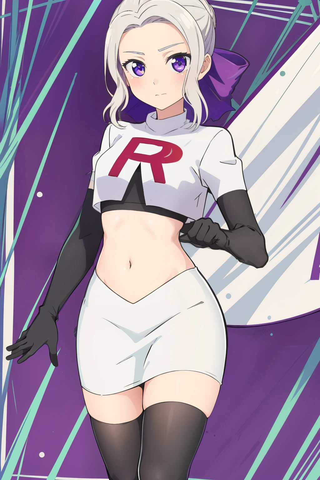 ((best quality)),((highly detailed)),masterpiece,absurdres,detailed face,beautiful face,(detailed eyes, deep eyes),(1girl),((dynamic pose)), shino, 1girl, solo, purple eyes, looking at viewer, fairy background, ribbon, hair ribbon, purple ribbon, white hair, team rocket,team rocket uniform,white skirt,red letter R,crop top,black thigh-highs,black elbow gloves