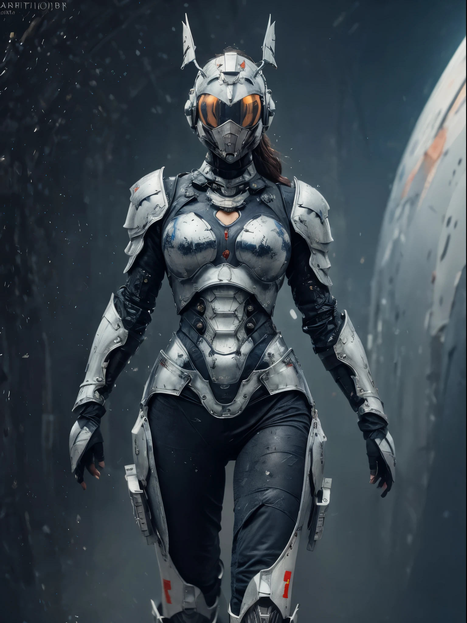 (masterpiece, best quality, absurdres, 8k)Hyper realistic painting of a beautiful curvy 23 year old woman in a black and white intricate  heavy sci-fi armored EVA mecha plugsuit with a futuristic space fighter pilot mask with translucent visor,  military style armor vest, sword in her hand, hyper detailed,  trending on artstation,  scratched armor, dented armor, damaged armor, dirty armor, 