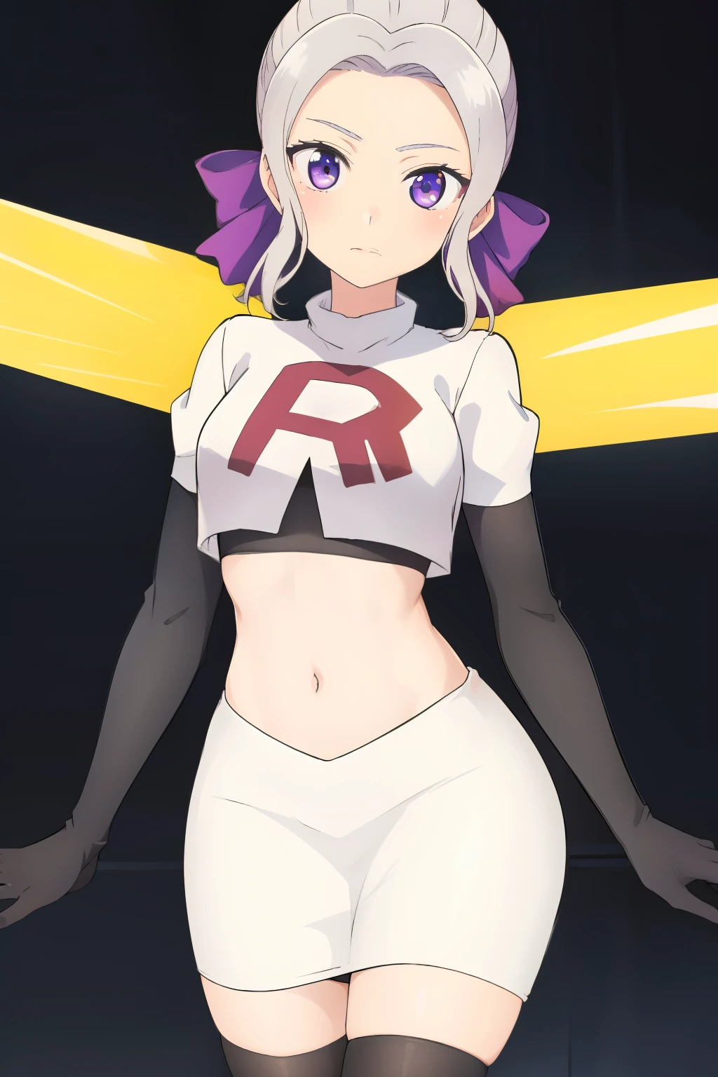 ((best quality)),((highly detailed)),masterpiece,absurdres,detailed face,beautiful face,(detailed eyes, deep eyes),(1girl),((dynamic pose)), shino, 1girl, solo, purple eyes, looking at viewer, fairy background, ribbon, hair ribbon, purple ribbon, white hair, team rocket,team rocket uniform,white skirt,red letter R,crop top,black thigh-highs,black elbow gloves