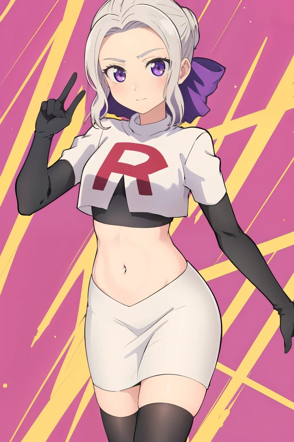 ((best quality)),((highly detailed)),masterpiece,absurdres,detailed face,beautiful face,(detailed eyes, deep eyes),(1girl),((dynamic pose)), shino, 1girl, solo, purple eyes, looking at viewer, fairy background, ribbon, hair ribbon, purple ribbon, white hair, team rocket,team rocket uniform,white skirt,red letter R,crop top,black thigh-highs,black elbow gloves