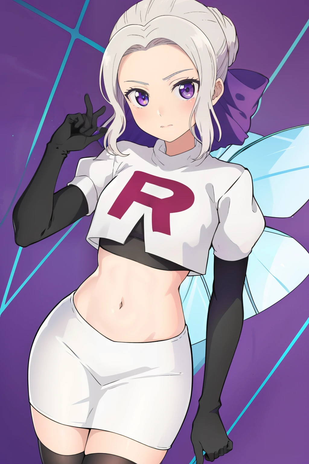 ((best quality)),((highly detailed)),masterpiece,absurdres,detailed face,beautiful face,(detailed eyes, deep eyes),(1girl),((dynamic pose)), shino, 1girl, solo, purple eyes, looking at viewer, fairy background, ribbon, hair ribbon, purple ribbon, white hair, team rocket,team rocket uniform,white skirt,red letter R,crop top,black thigh-highs,black elbow gloves