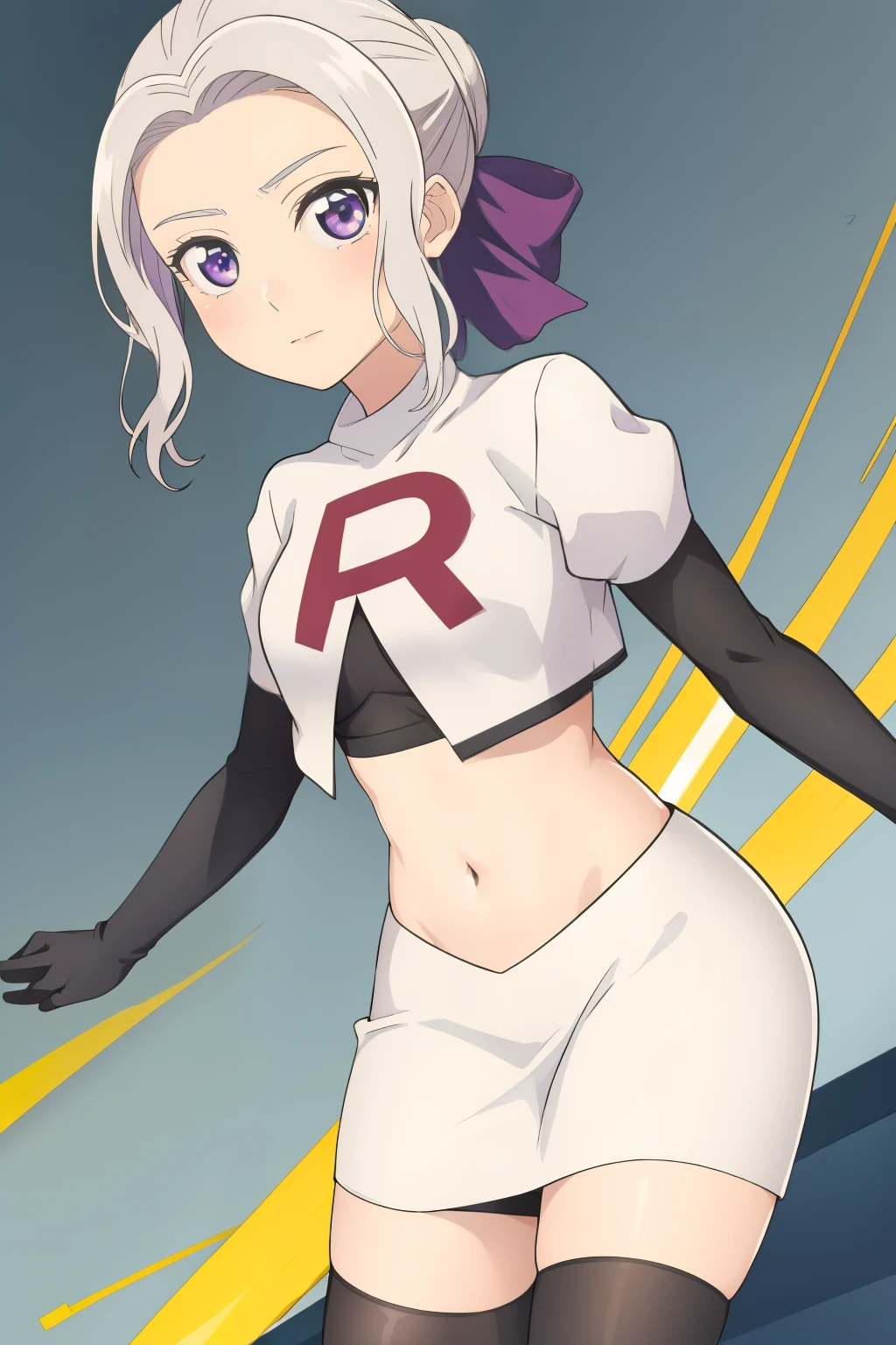 ((best quality)),((highly detailed)),masterpiece,absurdres,detailed face,beautiful face,(detailed eyes, deep eyes),(1girl),((dynamic pose)), shino, 1girl, solo, purple eyes, looking at viewer, fairy background, ribbon, hair ribbon, purple ribbon, white hair, team rocket,team rocket uniform,white skirt,red letter R,crop top,black thigh-highs,black elbow gloves