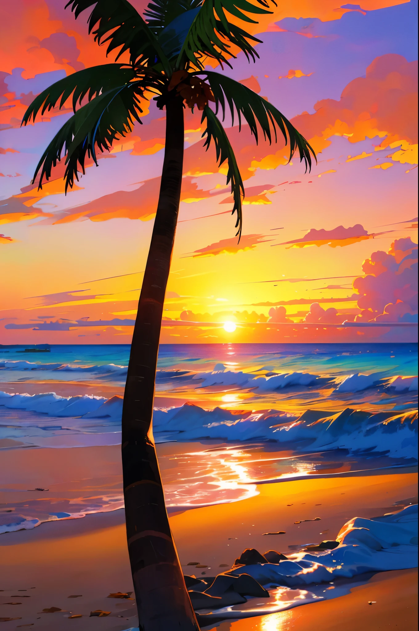 There are two palm trees on the beach near the water., Palm trees on the beach, It shows the beach at sunset., Aruba, Caribbean, 夕陽のbeach, トロピカルbeach, At sunrise, Sunset on the beach, sunrise, coconut palm, Bahamas, Palm tree, Tropical places, Magical beautiful palm beach, jamaican, 白い砂のCaribbean, Puerto Rico, warm glow, beach