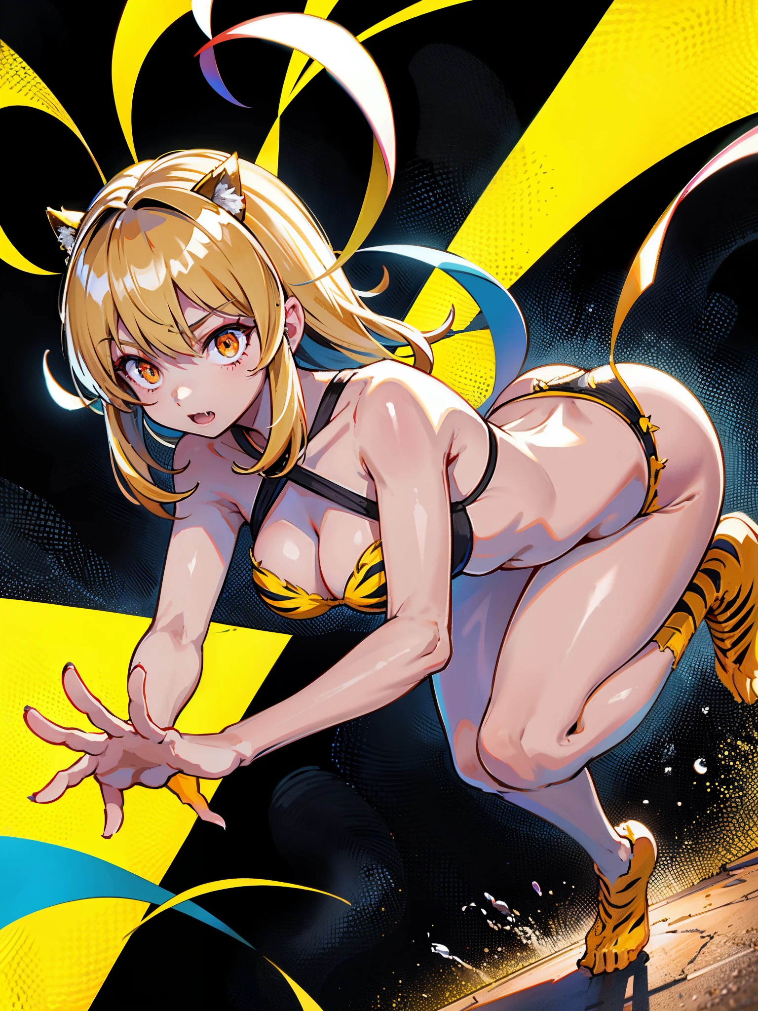 1 beautiful girl, Tiger Print Bikini, tiger ears, tiger tail, Tiger Hand, Tiger Paw, Tiger Hand指, sharp nails, sharp fangs, Hunter's eyes aiming for prey, Black and blonde mesh, clear eyes, Height: 177cm, 3 sizes B100W60H90, Aims at prey while crawling on all fours with knees and hands on the ground, masterpiece, hyper quality, very detailed, perfect picture,cg,3D,8K,figure