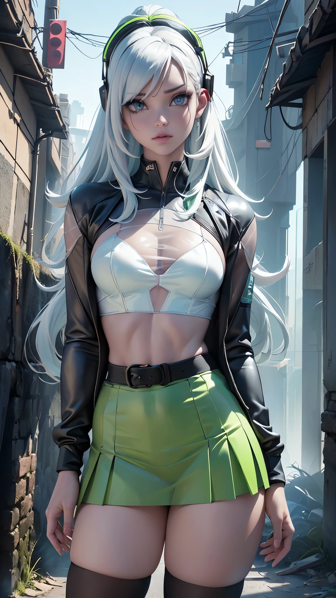 (La mejor calidad,A high resolution,Ultra - detallado,actual),Ariana Grande vestida con chaqueta verde ciborg,dance balet ,(chaqueta student neon verde:1.4), (miniskirt transparente white colegiala ciborg:1.4),(background alley wall city tokyo ruins:1.4), cabello largo white canoso, ,More detailed 8K.motor irreal:1.4,UHD,La mejor calidad:1.4, fotorrealista:1.4, textura de la piel:1.4, obra maestra:1.8,obra-prima, mejor calidad,objeto Objeto], (detailed face features:1.3),(Las proporciones correctas),(convexo Dedos detallados),(Ojos hermosos azules),  (pose vaquero) ,(chaqueta transparente white ciberpunk:1.4), (fondo hielo congelado caverna:1.4), (chaqueta     white ciborg:1.4), cabello largo rojo, (perfect anatomy ), (tiene un parche en el ojo de pirata:1.4) ,(cyber cyborg White chaqueta) , (mostrando vientre plano), (has transparent plastic clothing:1.4) ,(mostrando panties encaje) ,(Piel negra Africana:1.4) ,( ciberpunk 2.1), (cabello largo white canoso:1.4), (yellow cyberpunk Bluetooth headphones on the head:1.4) ,(mostrando brasier color amarillo encaje lingerie:1.4), pechos grandes, (realistic:2.1), 