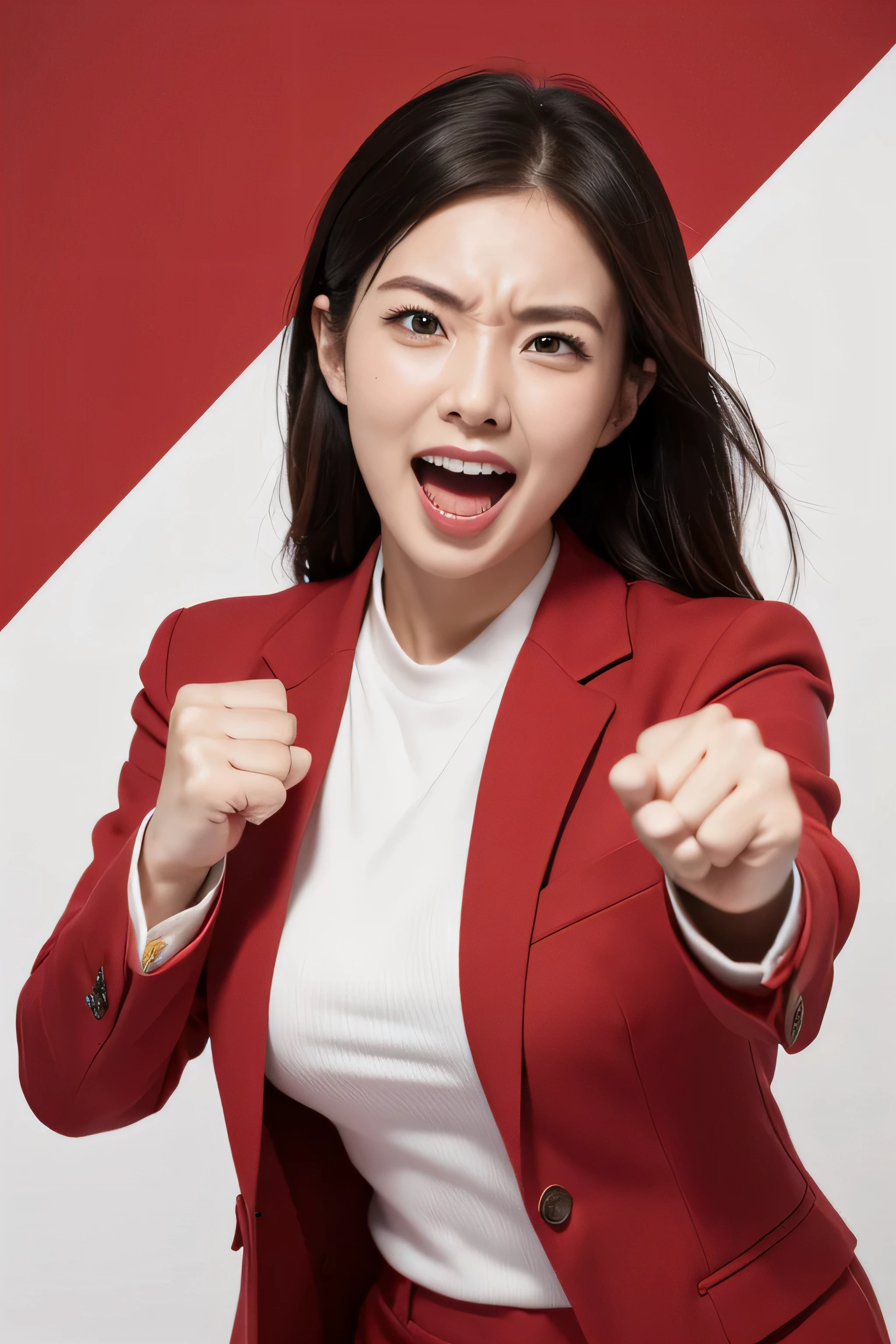 Create an image of a determined woman shouting 'Fighting!' with a clenched fist. Capture her supportive smile, red office suit with white background