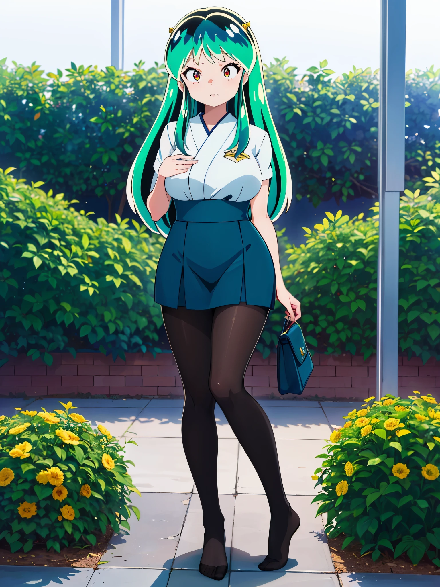 (1 girl),(high quality), (High resolution), (very detailed), (In 8K),(lower body shot),Ram from Urusei Yatsura is wearing Japanese clothes..),(black pantyhose)no shoes,perfect lighting,(Beautifully erect nipple shape:1.1),High resolutionの美しい目,(Neutral white lighting:1.2),garden