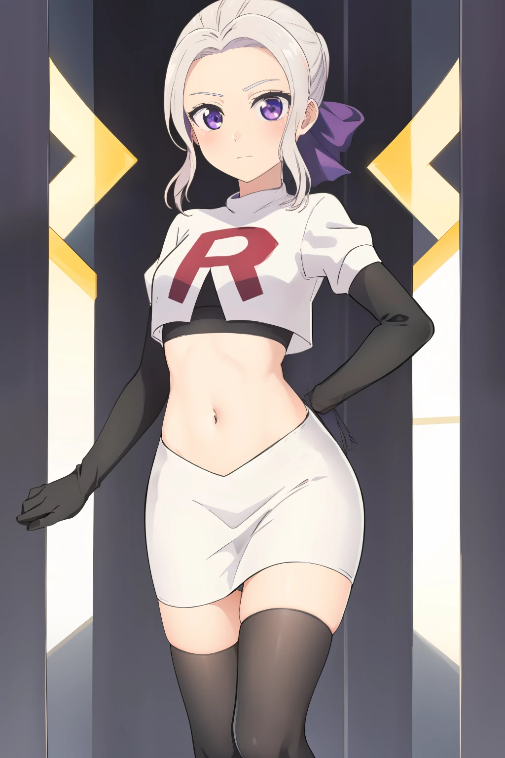 ((best quality)),((highly detailed)),masterpiece,absurdres,detailed face,beautiful face,(detailed eyes, deep eyes),(1girl),((dynamic pose)), shino, 1girl, solo, purple eyes, looking at viewer, fairy background, ribbon, hair ribbon, purple ribbon, white hair, team rocket,team rocket uniform,white skirt,red letter R,crop top,black thigh-highs,black elbow gloves