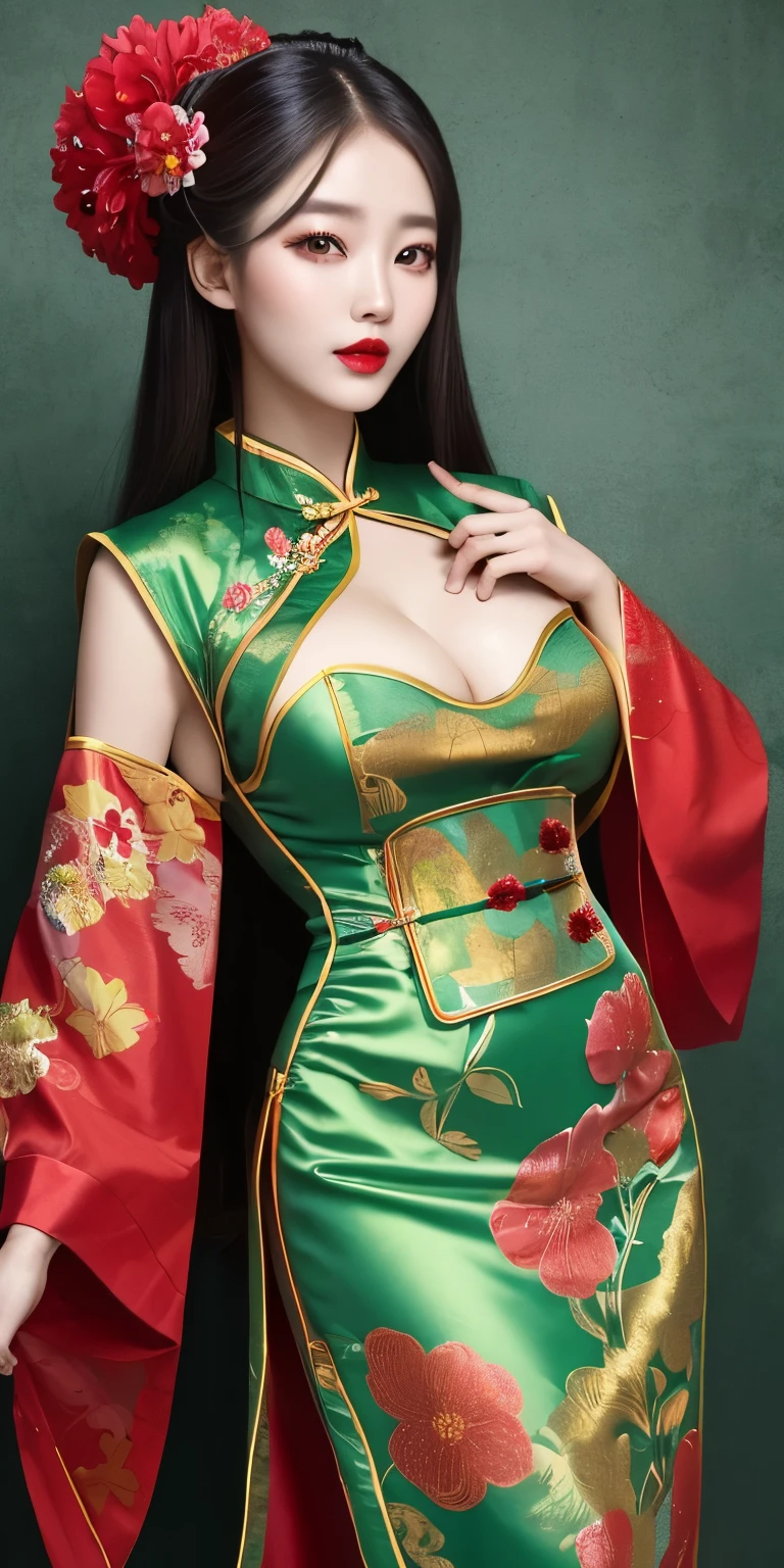 1girl,bush,fashi-girl,china dress,chinese clothes,hair flower,(masterpiece:1.4),(best quality:1.4),(shiny skin),red lips,looking at viewer,big breasts,cleft lip