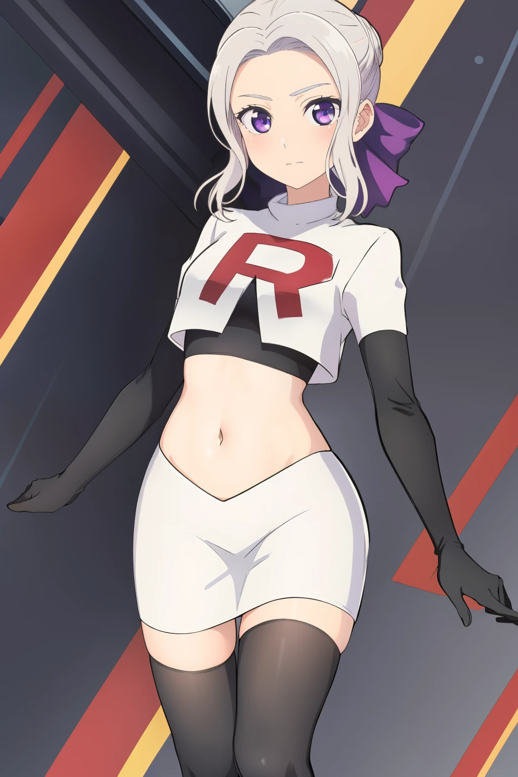 ((best quality)),((highly detailed)),masterpiece,absurdres,detailed face,beautiful face,(detailed eyes, deep eyes),(1girl),((dynamic pose)), shino, 1girl, solo, purple eyes, looking at viewer, fairy background, ribbon, hair ribbon, purple ribbon, white hair, team rocket,team rocket uniform,white skirt,red letter R,crop top,black thigh-highs,black elbow gloves