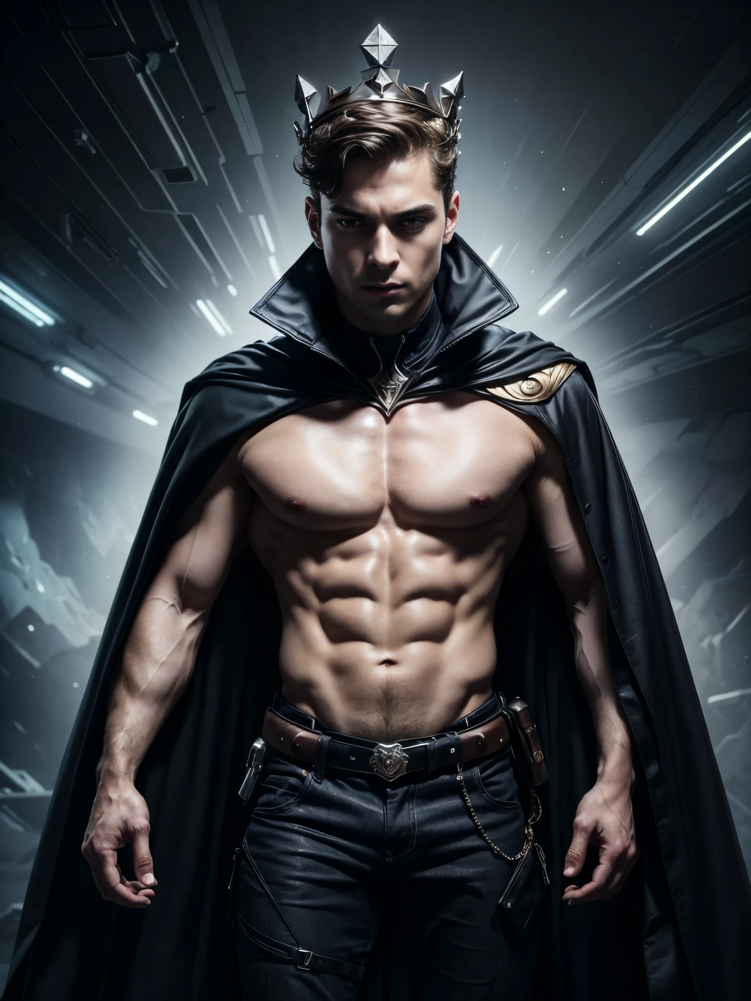 Photorealistic, twins, ((best quality)), ((masterpiece)), (detailed), masculine portrait of young futuristic prince, 18-year-old male models, handsome, tall, cute looking, evil look, dark look, powerful, young male, handsome model, clean shave, silver eyes. (short curly messy brown hair:1.2), messy curly hair, (short hair:1.7) super strong, muscular, fit, massive muscles, six pack, (shirtless:1.8), barechested, half-naked, topless, muscle, ripped, strong body, fit body, great chest, amazing arms, (evil masculine crown:1.4), (open futuristic long cape:1.4), futuristic royal jewels, (futuristic royal pants),other planet landscape in the background, (Dark background:1.6) 8k, high detailed, ultra-detailed, Stylish Pose, real skin texture, dark cinematic lighting