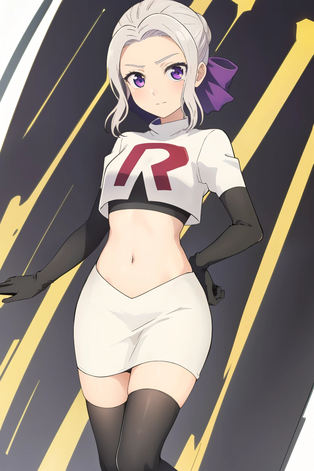 ((best quality)),((highly detailed)),masterpiece,absurdres,detailed face,beautiful face,(detailed eyes, deep eyes),(1girl),((dynamic pose)), shino, 1girl, solo, purple eyes, looking at viewer, fairy background, ribbon, hair ribbon, purple ribbon, white hair, team rocket,team rocket uniform,white skirt,red letter R,crop top,black thigh-highs,black elbow gloves