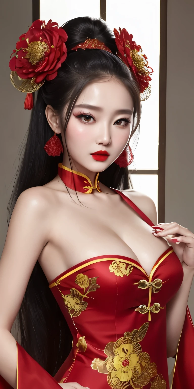 1girl,bush,fashi-girl,china dress,chinese clothes,hair flower,(masterpiece:1.4),(best quality:1.4),(shiny skin),red lips,looking at viewer,big breasts,cleft lip