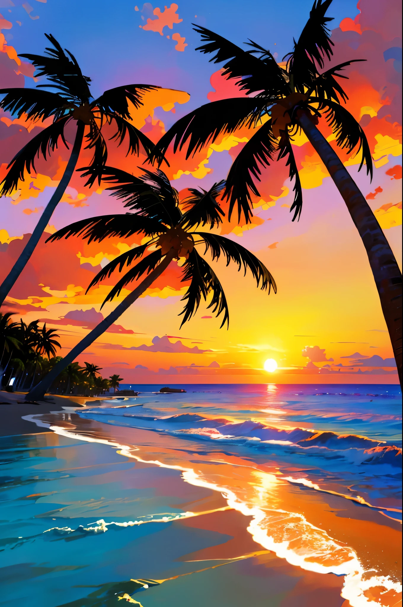 There are two palm trees on the beach near the water., Palm trees on the beach, It shows the beach at sunset., Aruba, Caribbean, 夕陽のbeach, トロピカルbeach, At sunrise, Sunset on the beach, sunrise, coconut palm, Bahamas, Palm tree, Tropical places, Magical beautiful palm beach, jamaican, 白い砂のCaribbean, Puerto Rico, warm glow, beach