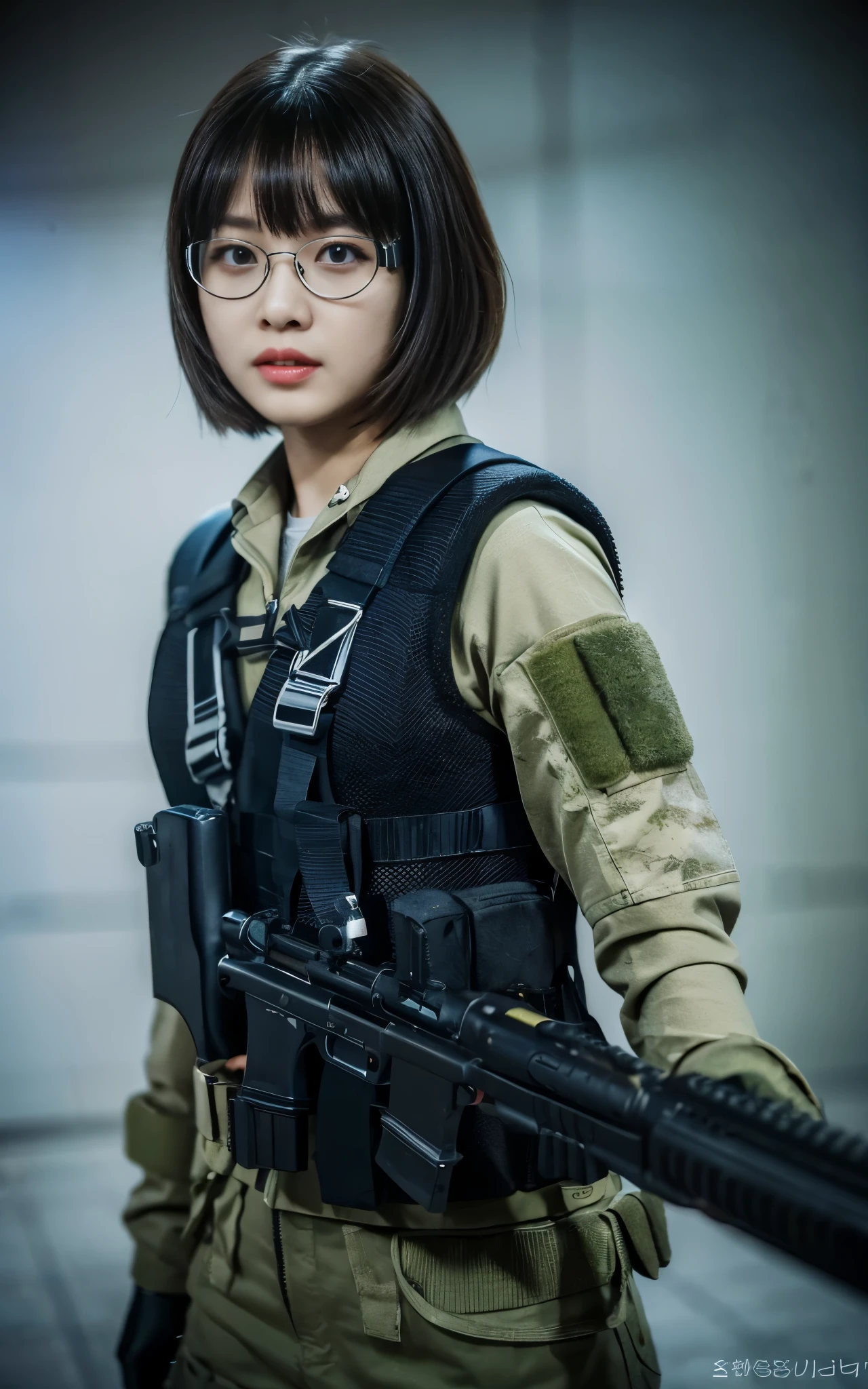 ((Best Quality, 8K, Masterpiece: 1.3)), ((best quality)), photorealistic, photorealism, Photorealistic, high resolution, 1girl aiming with an ak-47 assault rifle, Combat pose, looking at the camera, (Detailed face), short hair, (wearing red rubber suit, tactical vests, military harness, black gloves, high-tech headset), cloths color based on black dark blue), revealed thigh, Gun, Fingers are occluded, concrete wall background,