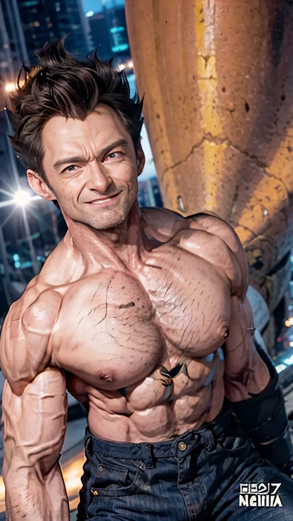 Hugh Jackman como Vegeta, corpo Inteiro, extremamente realista, sorrindo