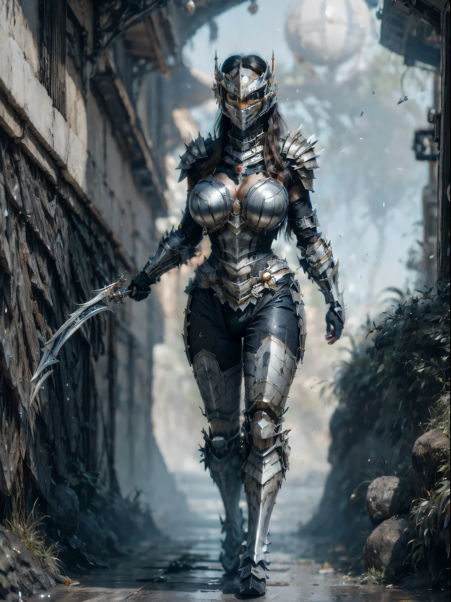 (masterpiece, best quality, absurdres, 8k)Hyper realistic painting of a beautiful curvy 23 year old woman in a black and white intricate  heavy sci-fi armored EVA mecha plugsuit with a futuristic space fighter pilot mask with translucent visor,  military style armor vest, sword in her hand, hyper detailed,  trending on artstation,  scratched armor, dented armor, damaged armor, dirty armor, background is a 1/4 moon close up in spqce