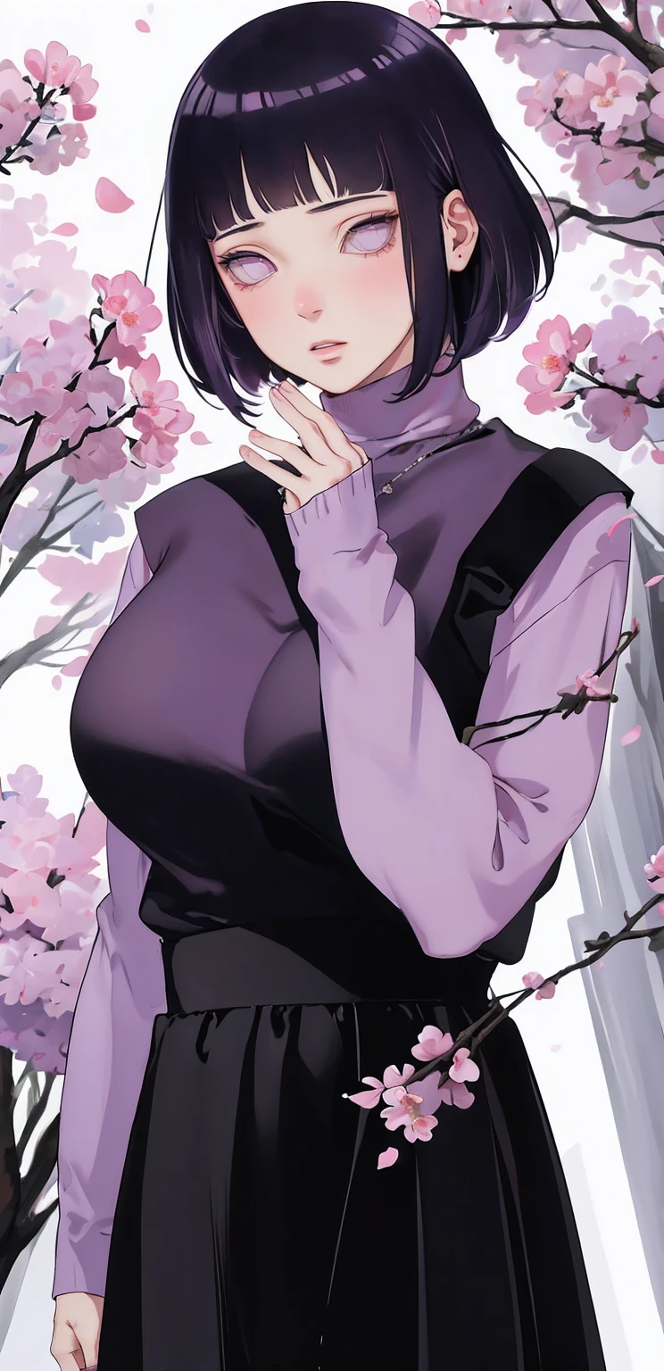 { - anatomy error} (Masterpiece - Ultra-detailed, very high resolution) (huge titusty, masterpiece, absurdres, hinata\(boruto\), 1girl, solo,mature female, lilac turtleneck blouse, high waist black short skirt, looking at viewelling petals), perfect composition, detailed lips, big breast, beautiful face, body propotion, blush, (pink lips), short hair, (black hair), purple eyes, soft gaze, super realistic, detailed, photoshoot, realistic face and body, closed mouth, dancing ligthly , lilac eyes, full body, with chin resting on shoulder, perfect fingers, inocent face