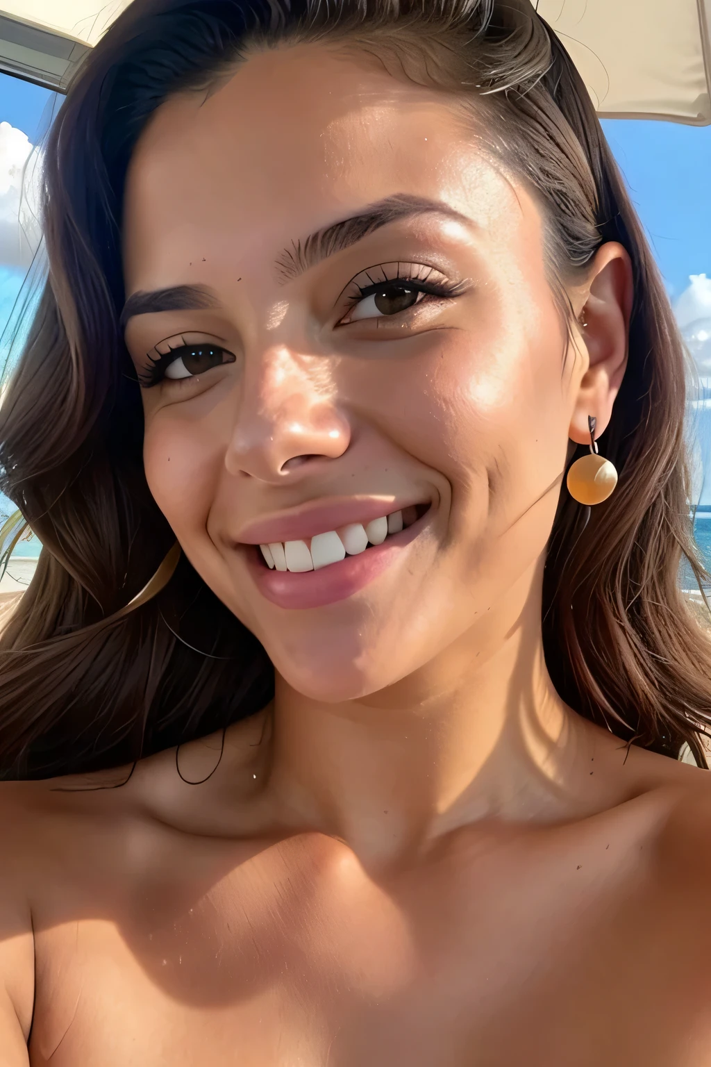 tirando foto no espelho, tirando selfie, feliz e bronzeada com longos cabelos pretos, ultra realista, real, perfeita, olhos perfeitos, foto,
