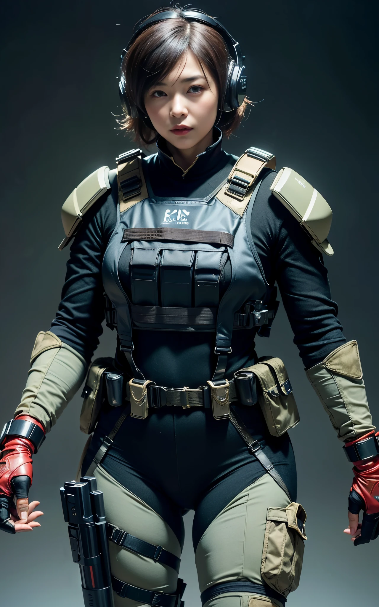 ((Best Quality, 8K, Masterpiece: 1.3)), ((best quality)), photorealistic, photorealism, Photorealistic, high resolution, 1girl aiming with an ak-47 assault rifle, Combat pose, looking at the camera, (Detailed face), short hair, plump and muscular:0.7, (wearing red rubber suit, tactical vests, military harness, black gloves, high-tech headset), cloths color based on black dark blue), revealed thigh, Gun, Fingers are occluded, concrete wall background,