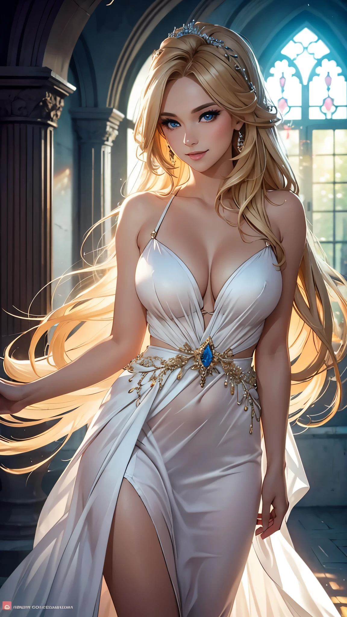 (best quality,ultra-detailed,photo-realistic:1.37),bright and vibrant colors,studio lighting,playful expression,stylish makeup,long blonde hair flowing in the wind,alluring eyes,glossy lips,sexy pose,pink bridesmaid, in front of Chapel, smiling in a confident and seductive way,posing for a professional photoshoot,shallow depth of field,highlighting the main subject,soft natural lighting,creating a dreamy and magical atmosphere.