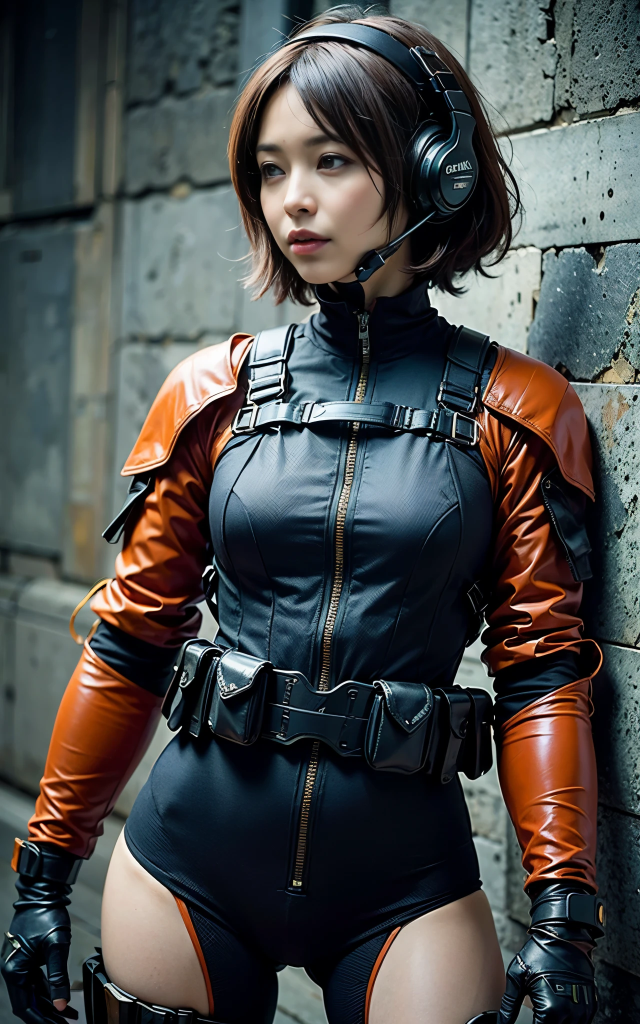 ((Best Quality, 8K, Masterpiece: 1.3)), ((best quality)), photorealistic, photorealism, Photorealistic, high resolution, 1girl aiming with an ak-47 assault rifle, Combat pose, looking at the camera, (Detailed face), short hair, (wearing red rubber suit, tactical vests, military harness, black gloves, high-tech headset), cloths color based on black dark blue), revealed thigh, Gun, Fingers are occluded, concrete wall background,