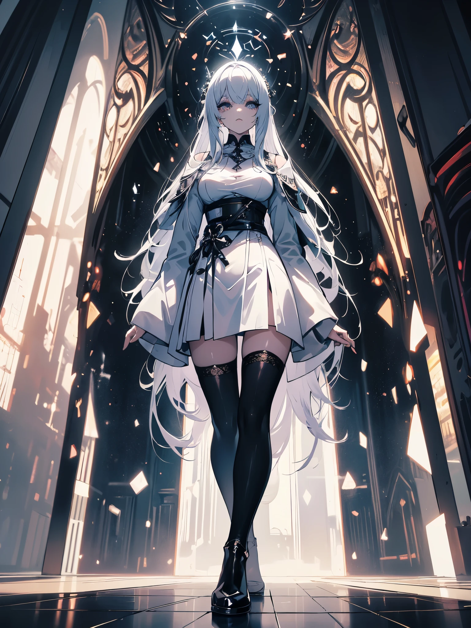 macabre girl, white eyes, eye makeup, white eyebrows, white eyebrows, black lips, long hair, moving white hair, huge white cape, cleavage, black latex pants, high-heeled boots, sitting with legs open like a model, ( ((emitting black mana, levitating furniture))), {extremely detailed 16k CG unit wallpaper}, expansive landscape photography, (a low view with focus on character and setting), (wide view of open field ), (low angle shot), (high light: 1.3), (low light: 1.5), (warm light source: 1.3), complex details, (iridescent colors: 1.5), (bright lighting), (atmospheric lighting ), dreamer, unique,
