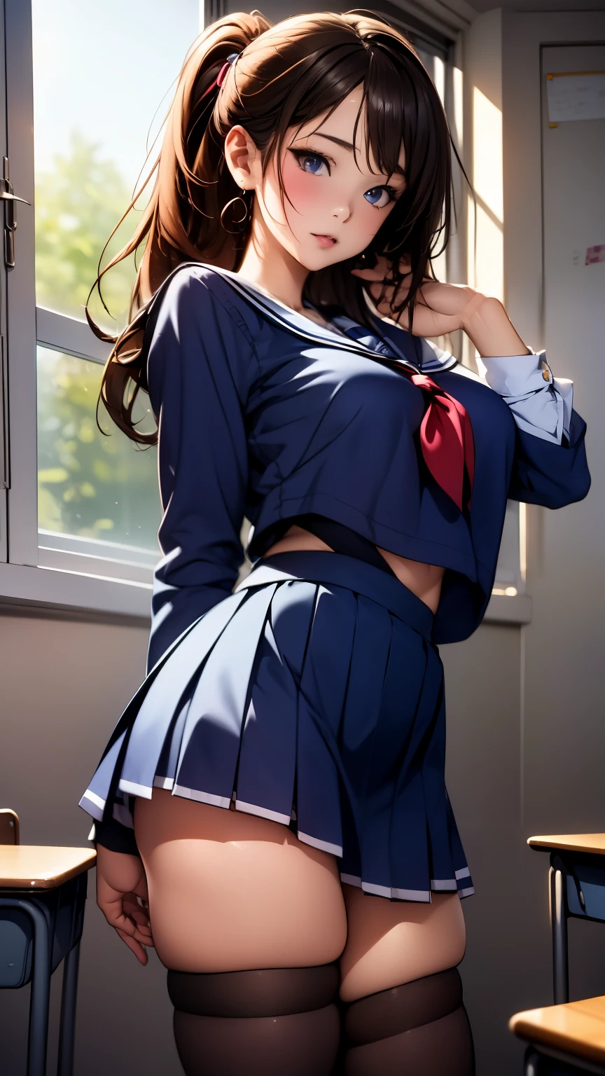 classroomでポーズをとる制服を着たアニメの***, beautiful anime high schoolgirl, a hyperreal high school girl, hyperreal high school girl, real high school girl, seductive anime girl, anime visual of a cute girl, Kantai Collection Style, cute , jk uniform, Smooth anime CG art, marin kitagawa fanart, attractive anime girl, anime best girl, 、masterpiece, highest quality, High resolution, HMKH1, school uniform, Thighhighs, serafuku, skirt, Black Serafuku, socks, cowboy shot, Are standing, classroom