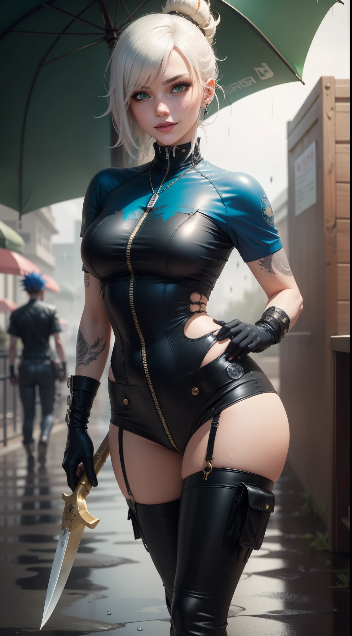 gwen tennyson,yorha 2b,akali,mordred,tracer, samus aran,overwatch,atelier ryza,close up,yakuza mansion,dragon tattoos,white and gold plugsuit,black short sleeve sport top,chain wallet,royal blue short sleeve punk jacket,royal blue cargo pants,short punk hair,punk makeup,green eyes,multicolored silver hair,punk gloves,sexy smile,freckles,beautiful girl,military boots,large breasts,8k,ultra detailed,realistic,fantasy art,hair pin,wet body,ear piercings,(weather:rainy),1girl, gold neck, hand, waist and head jewelry,hunting knife,