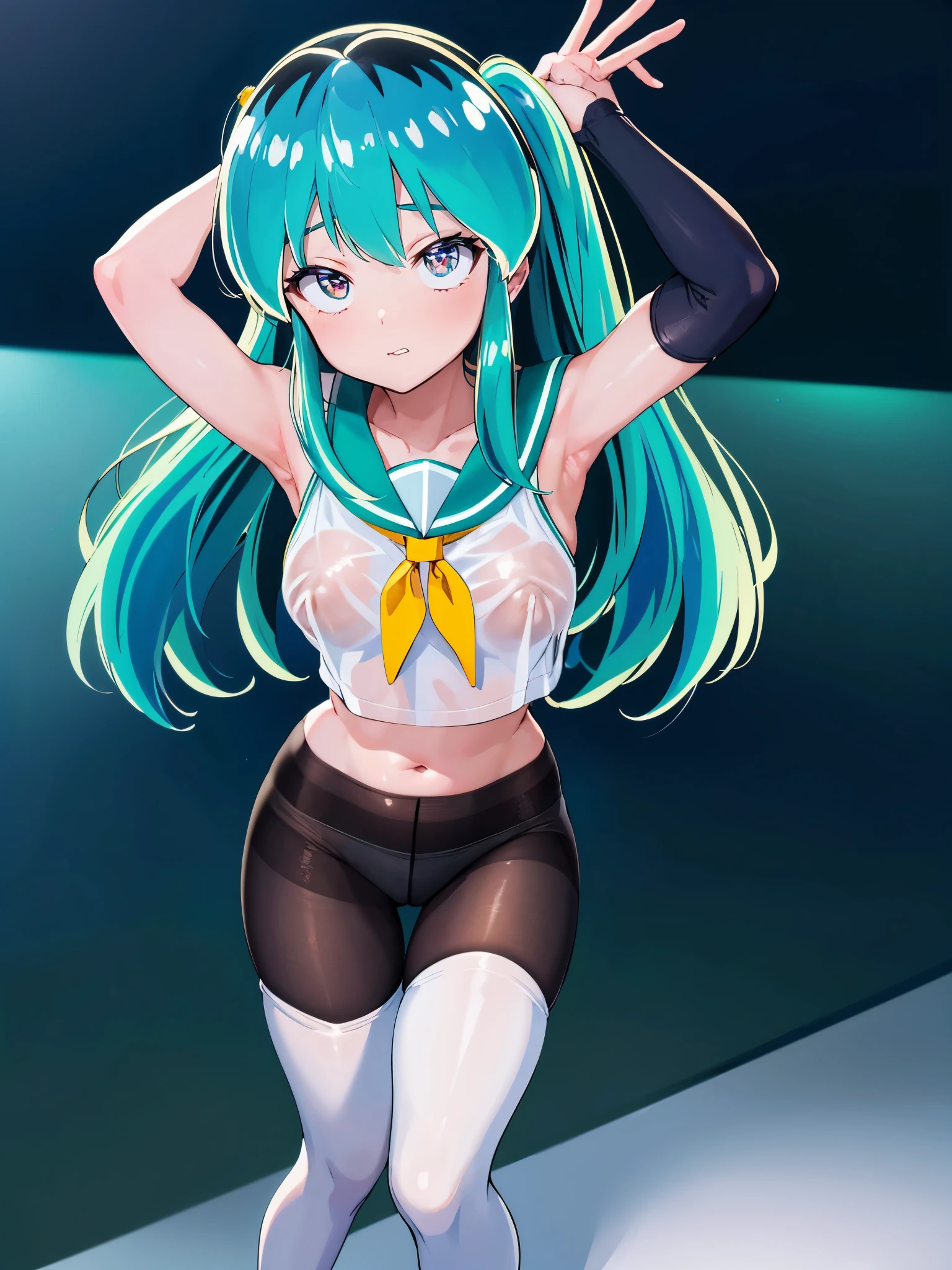(1 girl),(high quality), (High resolution), (very detailed), (In 8K),(lower body shot),Ram from Urusei Yatsura wears a see-through sailor swimsuit at school.),(black pantyhose)no shoes,perfect lighting,(Beautifully erect nipple shape:1.1),High resolutionの美しい目,(Neutral white lighting:1.2),luxury room
