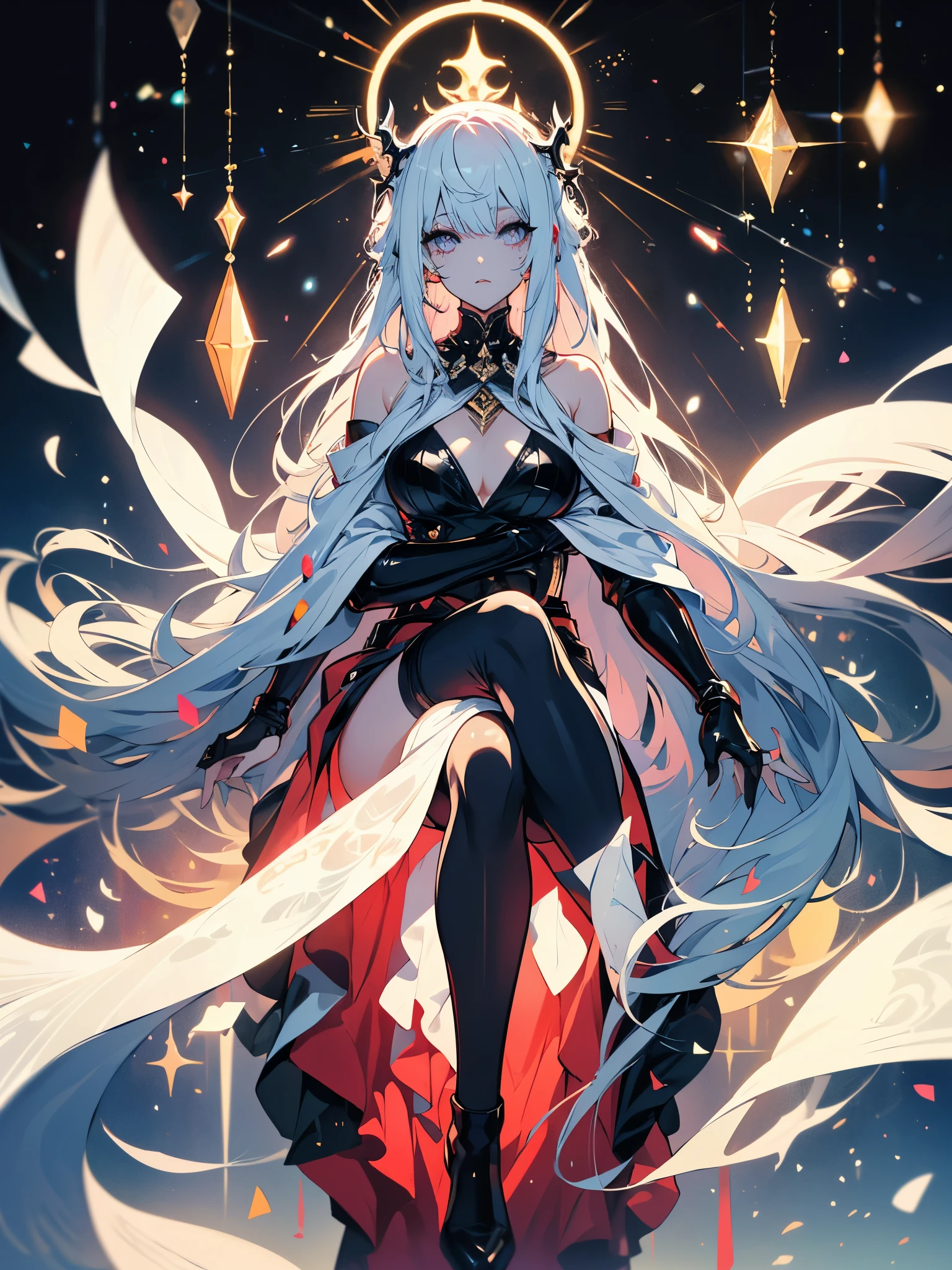 macabre girl, white eyes, eye makeup, white eyebrows, white eyebrows, black lips, long hair, moving white hair, huge white cape, cleavage, black latex pants, high-heeled boots, sitting with legs open like a model, ( ((emitting black mana, levitating furniture))), {extremely detailed 16k CG unit wallpaper}, expansive landscape photography, (a low view with focus on character and setting), (wide view of open field ), (low angle shot), (high light: 1.3), (low light: 1.5), (warm light source: 1.3), complex details, (iridescent colors: 1.5), (bright lighting), (atmospheric lighting ), dreamer, unique,