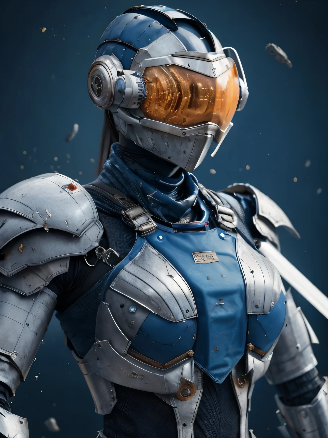 (masterpiece, best quality, absurdres, 8k)Hyper realistic painting of a beautiful curvy 23 year old woman in a black and white intricate  heavy sci-fi carbonated armor EVA mecha plugsuit with a futuristic space fighter pilot mask with translucent visor,  military style armor vest, sword in her hand, hyper detailed,  trending on artstation,  scratched armor, dented armor, damaged armor, dirty armor, background is a 1/4 moon close up in space, intimidating pose