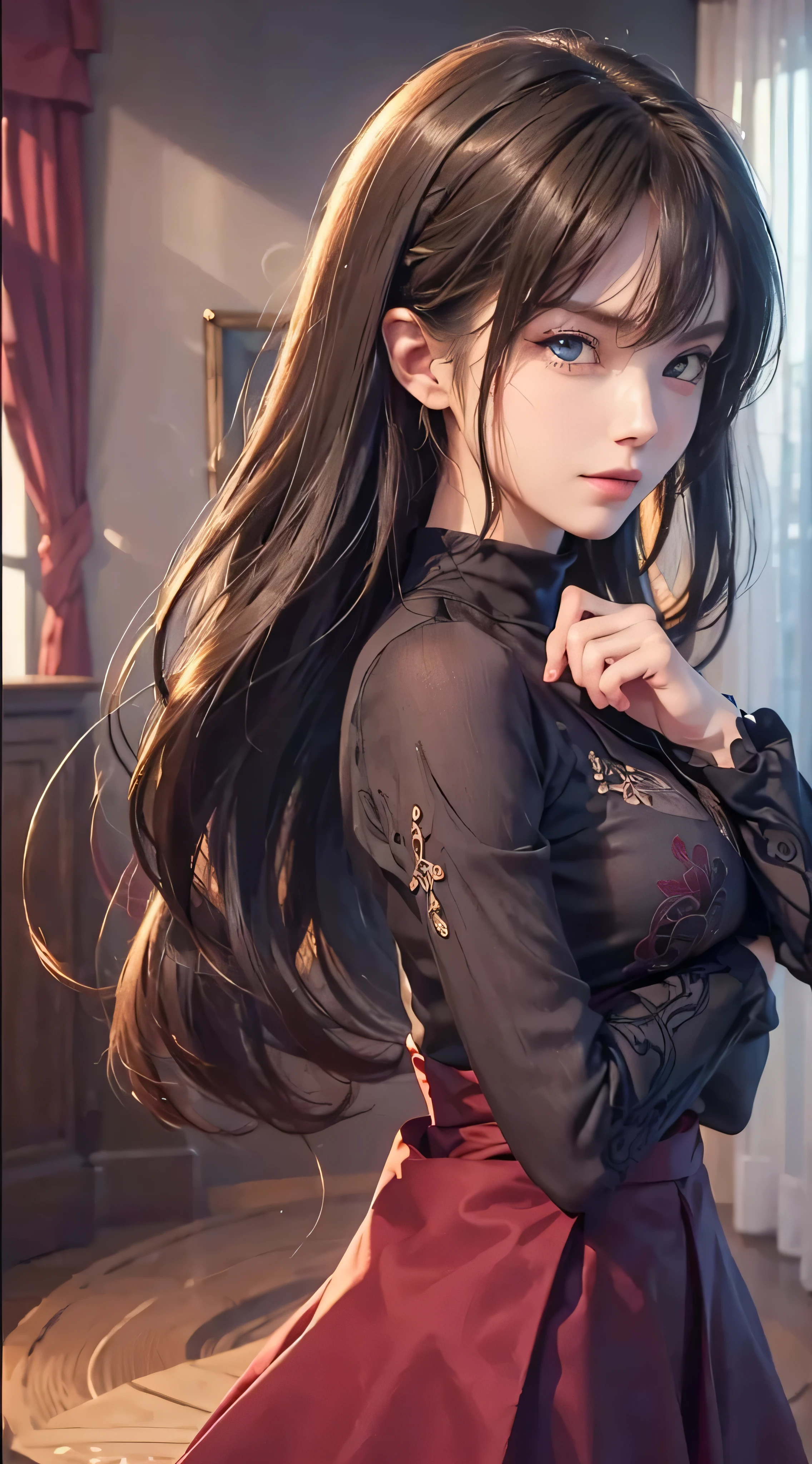 {{beautiful}}, amazing, (best quality:1.5), (masterpiece:1.5), extremely delicate and beautiful, intricate details, finely detailed, extremely detailed, beautifully detailed, ultra-detailed, (hyperdetailed:1.5), high resolution, (illustration), watercolor pencil, Clear line drawing, (ufotable style:1.1), (ufotable screen cap:1.1), anime coloring, anime screencap, (latest picture), backlighting, dynamic angle, glow, depth of field, {{body satisfaction}}, (body with a good balance of style:1.5), (slender figure:1.5), perfect body, perfect hands, perfect feet, (two arms:1.2), (two legs:1.2), (five fingers each:1.2), (perfect joint:1.2), perfect joint movement, beautiful detailed eyes, (detailed eyes:1.5), finely detailed eyes, perfect anatomy, full dissection, perfect composition, correct limbs, balance and coordination in all things, realistic:0.5, precise fingers and hands, (finely drawn hair:1.5), {{Aozaki Aoko}}, blue eyes, brown hair, long hair, medium breasts, small-sized buttocks, CasualDress, CasualClothing, Black long-sleeved turtleneck, red casual dress, black tights, {{Bedroom}}, indoors, {{1girl}}, (solo:1.2), looking at the viewer, smile, {{standing}},