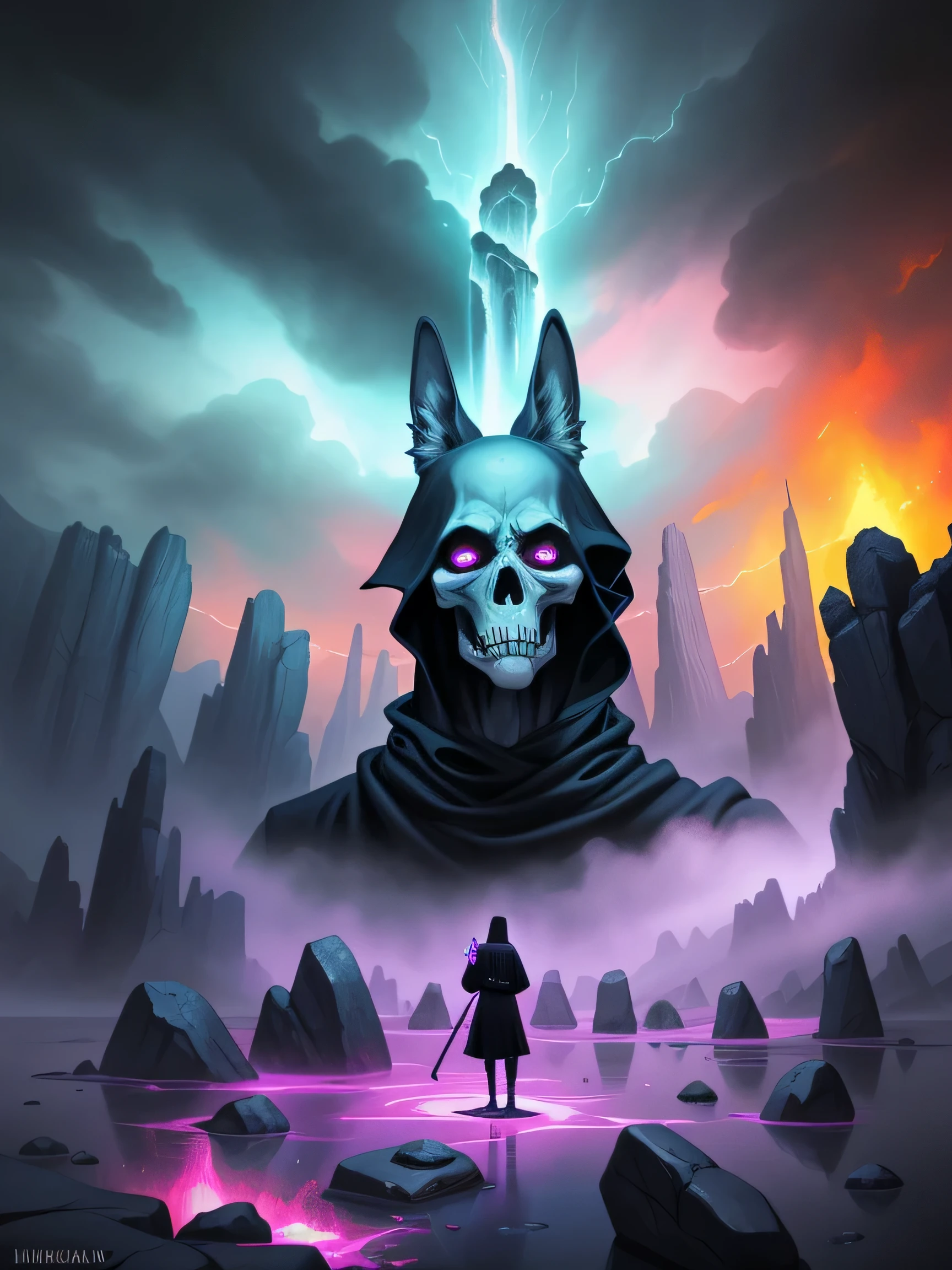 Imagen de la muerte de un hombre con una capa parado sobre una roca., pintura digital de rayos divinos, a sinister fantasy illustration, epic fantasy sci fi illustration, Arte digital 4k muy detallado, Abstract hidden epic composition, epic surrealism 8k oil painting, dreamy digital painting, Surreal mystical atmosphere, Foto del fantasma de Anubis, fantasy digital painting