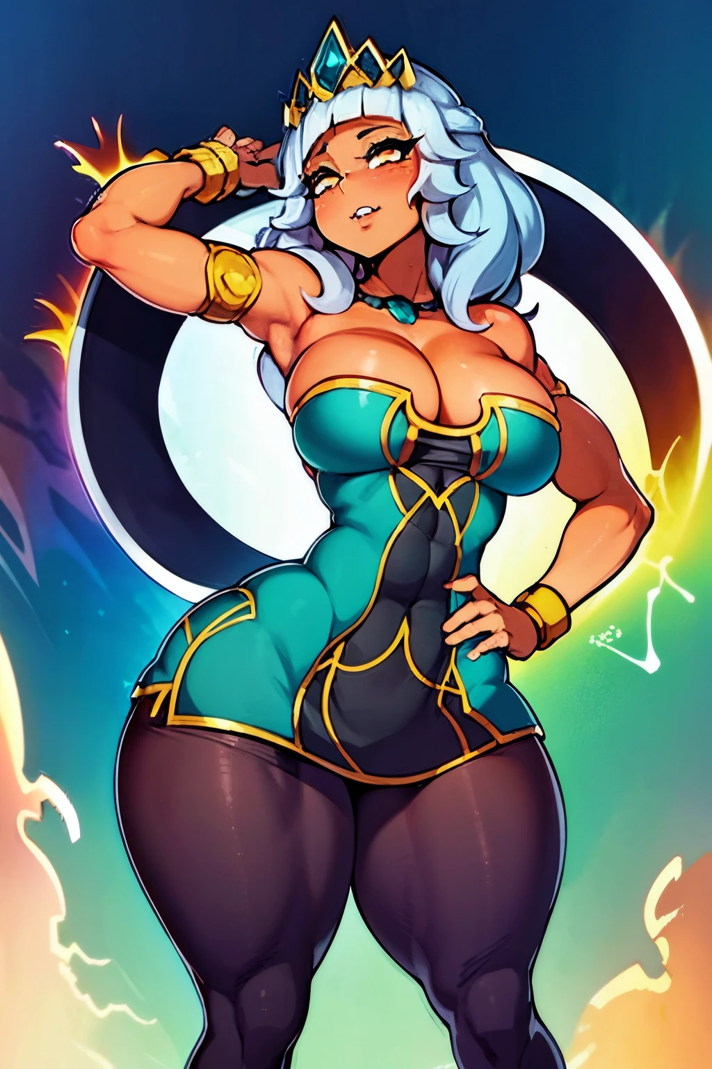 Cartoon poster depicting an anime woman with ???????????, Grande, Fat belly and small ???????, 1 chica, solamente, piel oscura, english text, viejo, hembra de piel oscura, Al aire libre, muslos gruesos, , cabello largo, ombligo, Mano en la cadera, sombra de ojos