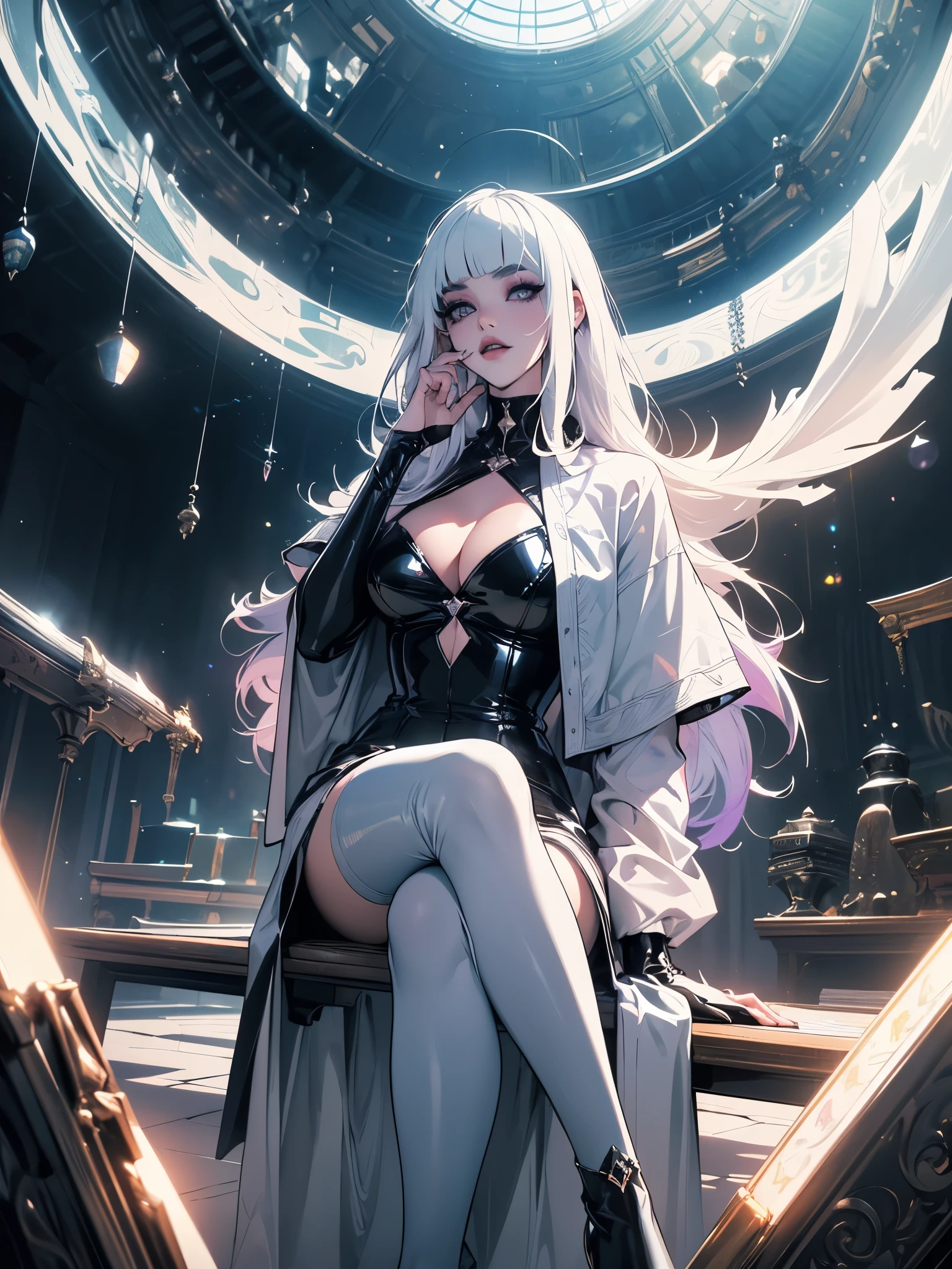 macabre girl, white eyes, eye makeup, white eyebrows, white eyebrows, black lips, long hair, moving white hair, huge white cape, cleavage, black latex pants, high-heeled boots, sitting with legs open like a model, ( ((emitting black mana, levitating furniture))), {extremely detailed 16k CG unit wallpaper}, expansive landscape photography, (a low view with focus on character and setting), (wide view of open field ), (low angle shot), (high light: 1.3), (low light: 1.5), (warm light source: 1.3), complex details, (iridescent colors: 1.5), (bright lighting), (atmospheric lighting ), dreamer, unique,
