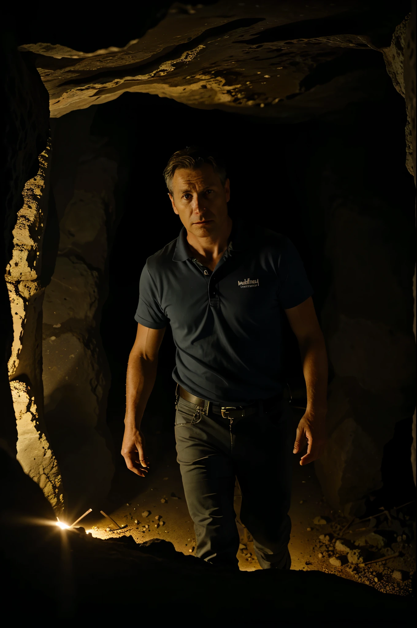 Middle-aged explorer with a determined look, flashlight in hand, delving into the mysterious caves of the Maltese Islands. Cinematic lighting unveils hidden secrets, creating an epic scene of anticipation and discovery.