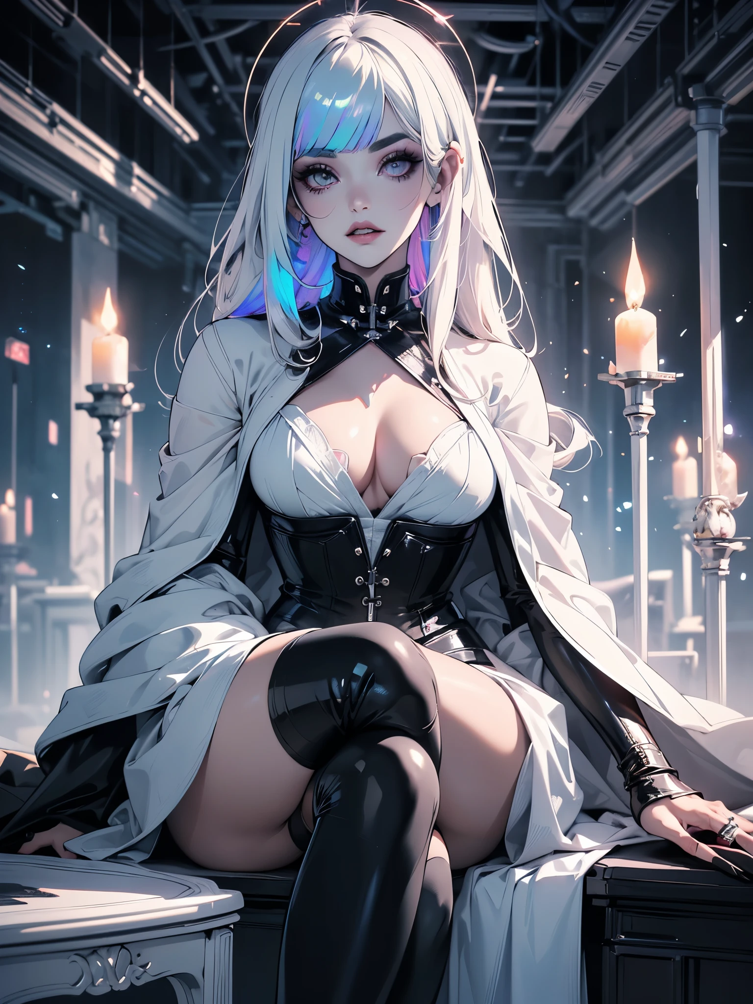 macabre girl, white eyes, eye makeup, white eyebrows, white eyebrows, black lips, long hair, moving white hair, huge white cape, cleavage, black latex pants, high-heeled boots, sitting with legs open like a model, ( ((emitting black mana, levitating furniture))), {extremely detailed 16k CG unit wallpaper}, expansive landscape photography, (a low view with focus on character and setting), (wide view of open field ), (low angle shot), (high light: 1.3), (low light: 1.5), (warm light source: 1.3), complex details, (iridescent colors: 1.5), (bright lighting), (atmospheric lighting ), dreamer, unique,