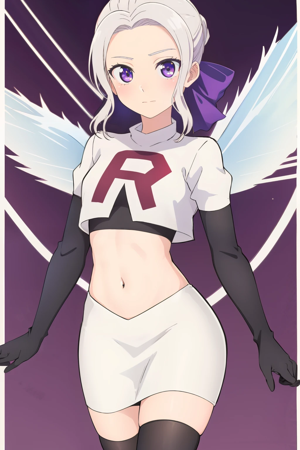 ((best quality)),((highly detailed)),masterpiece,absurdres,detailed face,beautiful face,(detailed eyes, deep eyes),(1girl),((dynamic pose)), shino, 1girl, solo, purple eyes, looking at viewer, fairy background, ribbon, hair ribbon, purple ribbon, white hair, team rocket,team rocket uniform,white skirt,red letter R,crop top,black thigh-highs,black elbow gloves