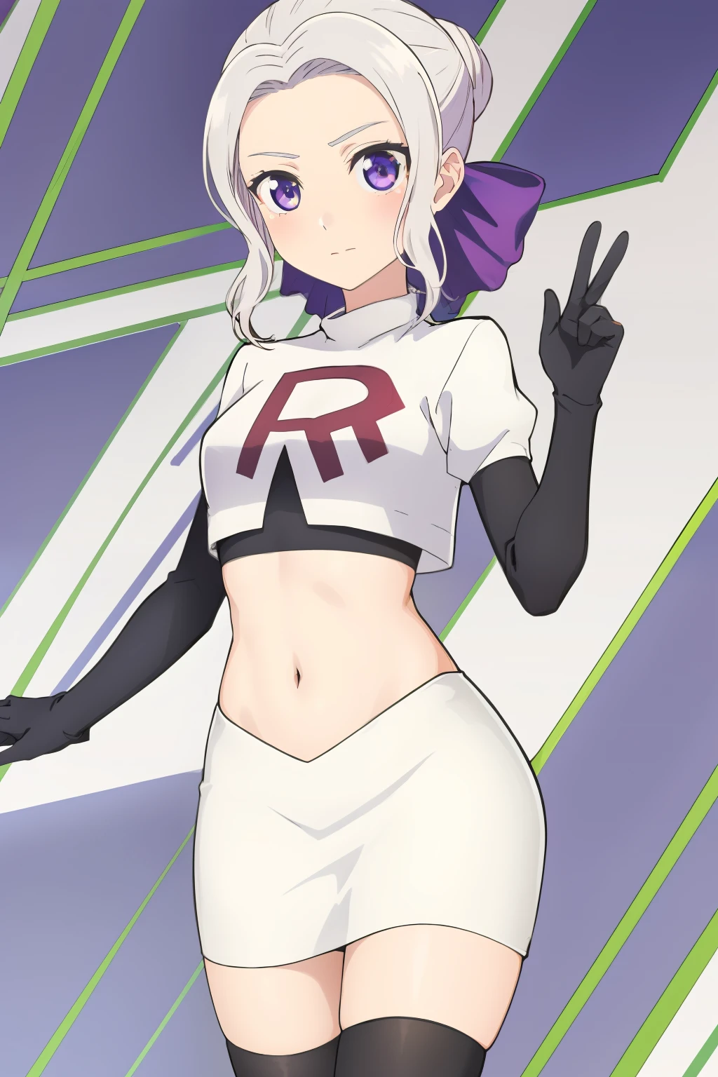 ((best quality)),((highly detailed)),masterpiece,absurdres,detailed face,beautiful face,(detailed eyes, deep eyes),(1girl),((dynamic pose)), shino, 1girl, solo, purple eyes, looking at viewer, fairy background, ribbon, hair ribbon, purple ribbon, white hair, team rocket,team rocket uniform,white skirt,red letter R,crop top,black thigh-highs,black elbow gloves